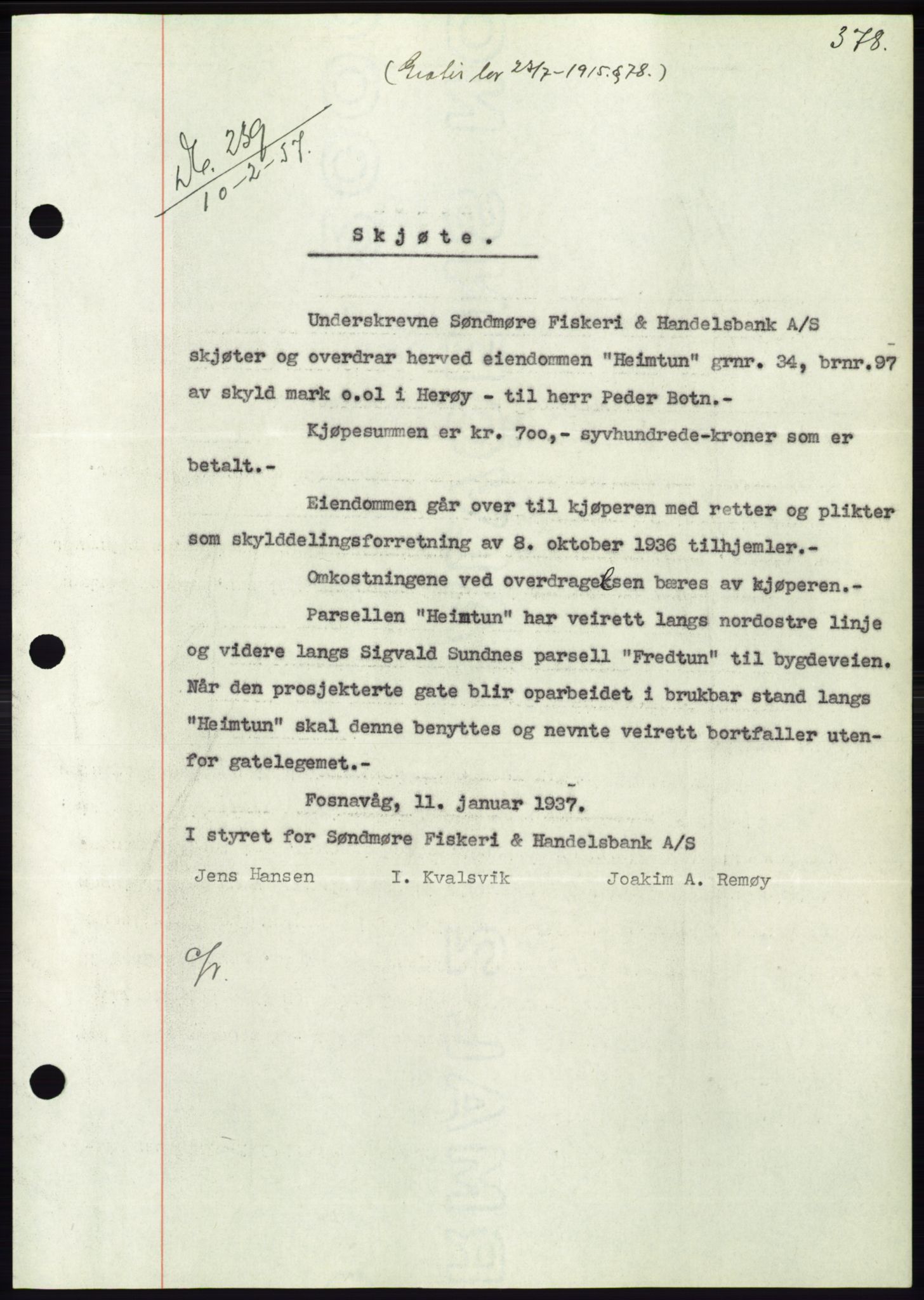 Søre Sunnmøre sorenskriveri, AV/SAT-A-4122/1/2/2C/L0062: Mortgage book no. 56, 1936-1937, Diary no: : 239/1937