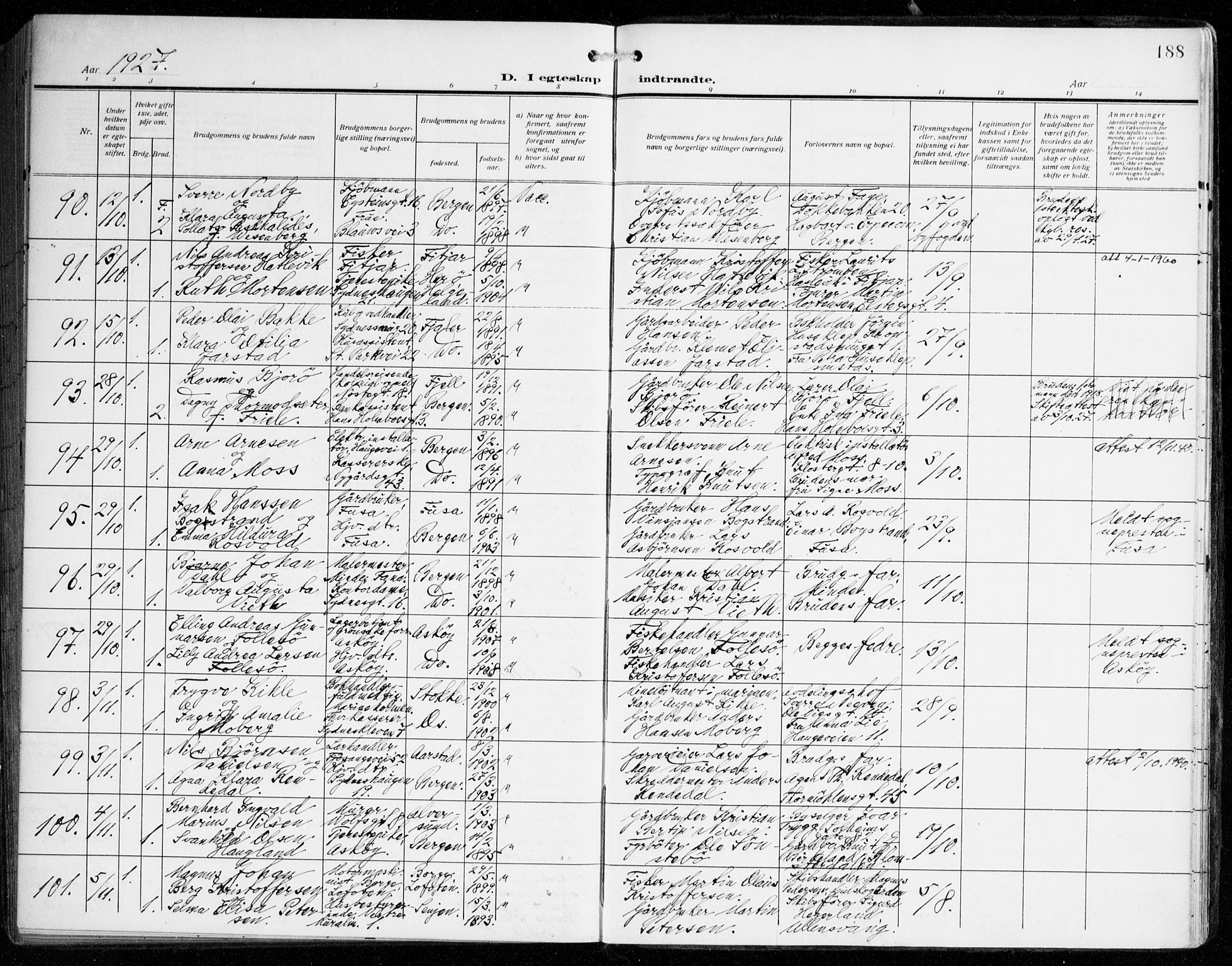 Johanneskirken sokneprestembete, AV/SAB-A-76001/H/Haa/L0013: Parish register (official) no. D 2, 1912-1929, p. 188