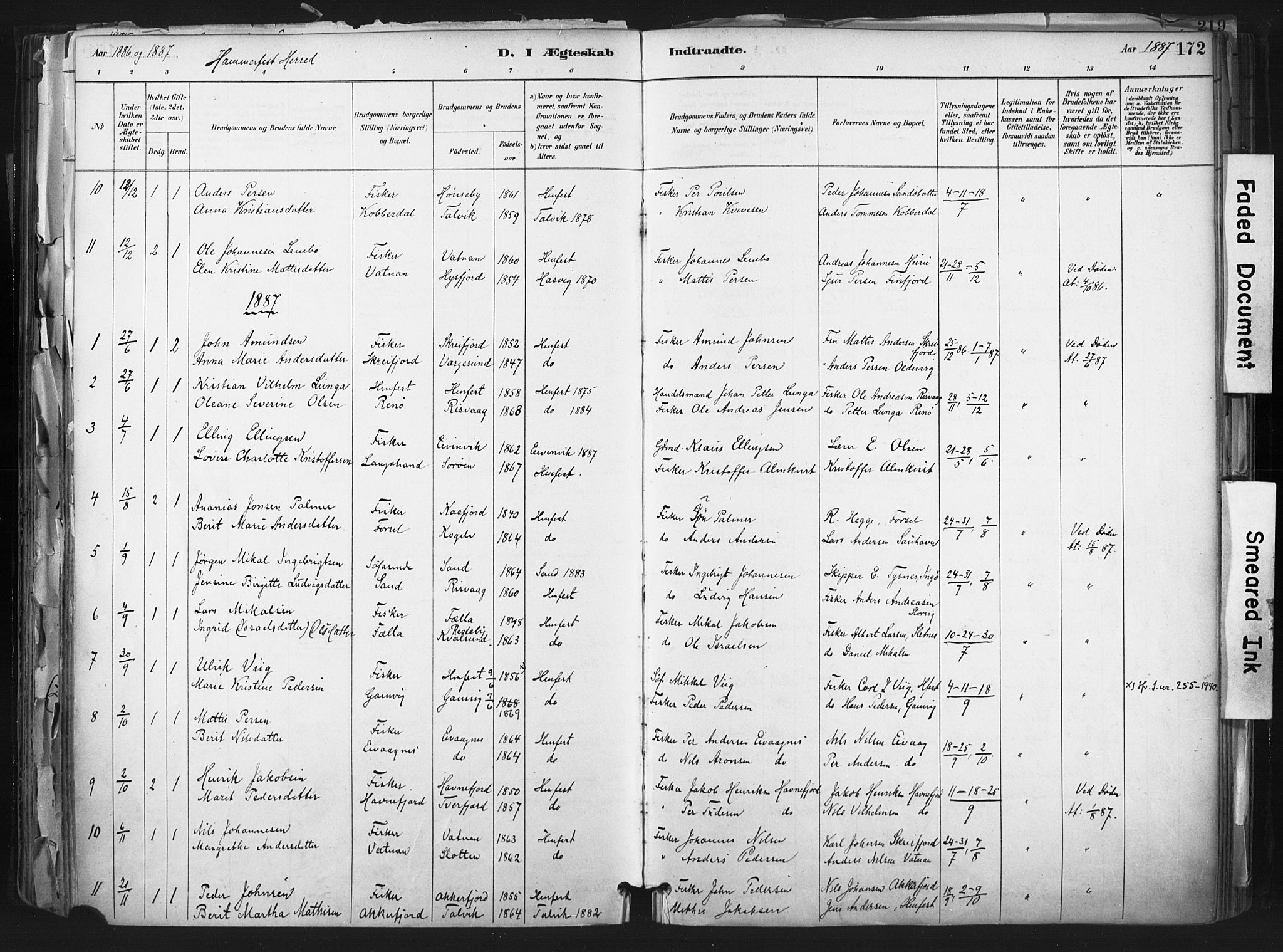Hammerfest sokneprestkontor, SATØ/S-1347: Parish register (official) no. 11 /1, 1885-1897, p. 172