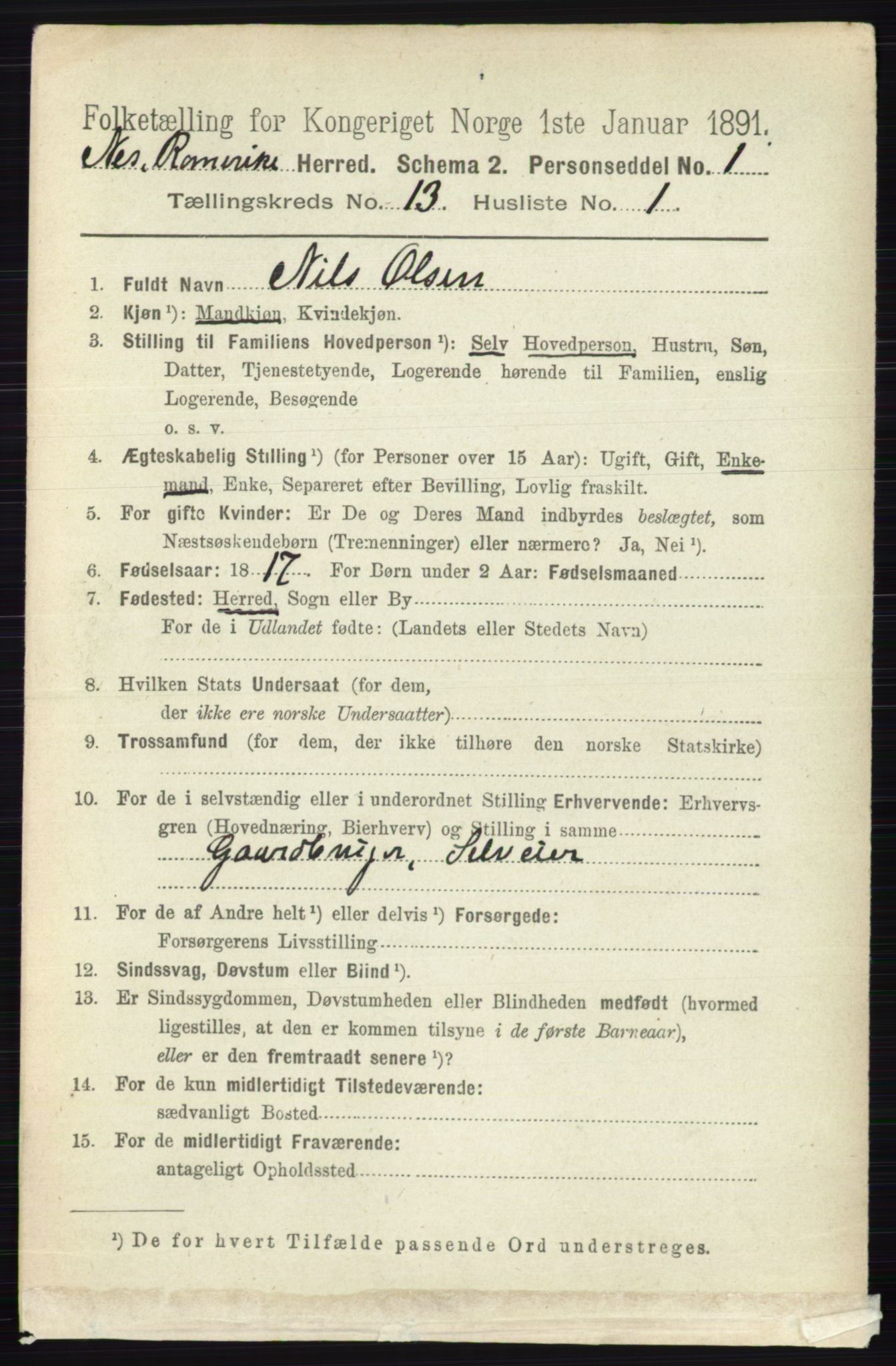 RA, 1891 census for 0236 Nes, 1891, p. 7838