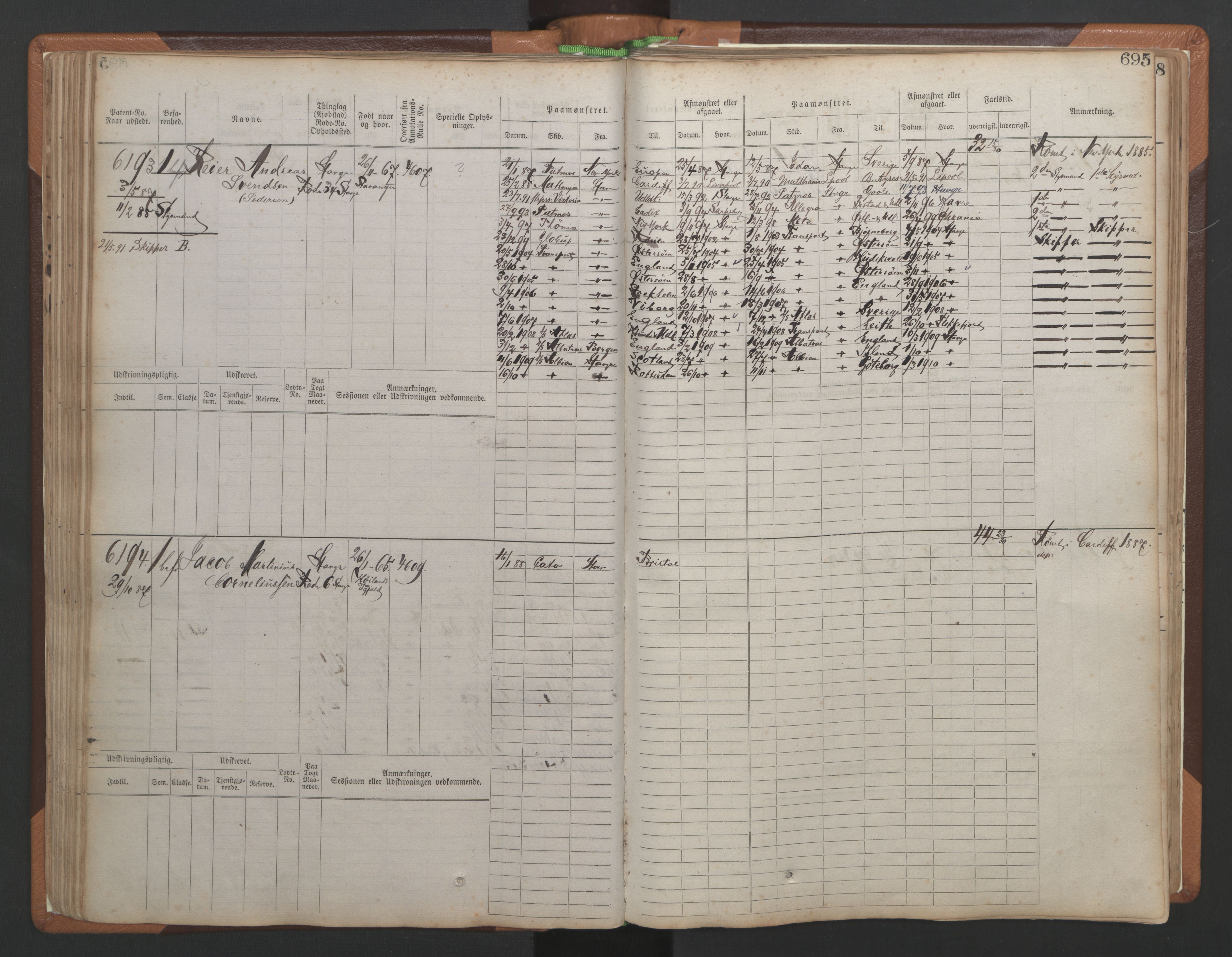 Stavanger sjømannskontor, AV/SAST-A-102006/F/Fb/Fbb/L0010: Sjøfartshovedrulle, patentnr. 6007-6606 (del 1), 1887-1896, p. 99