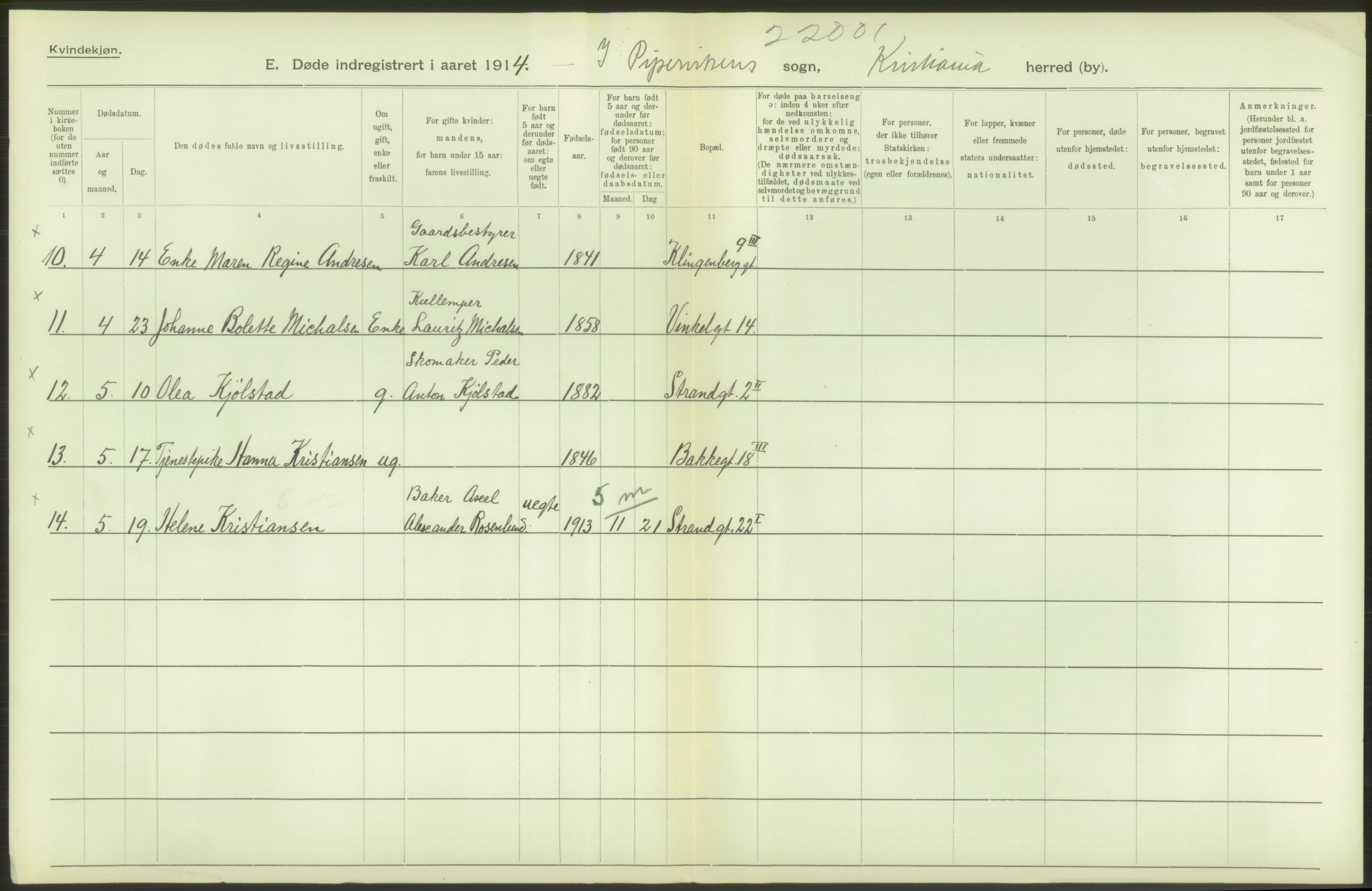 Statistisk sentralbyrå, Sosiodemografiske emner, Befolkning, AV/RA-S-2228/D/Df/Dfb/Dfbd/L0008: Kristiania: Døde, 1914, p. 62