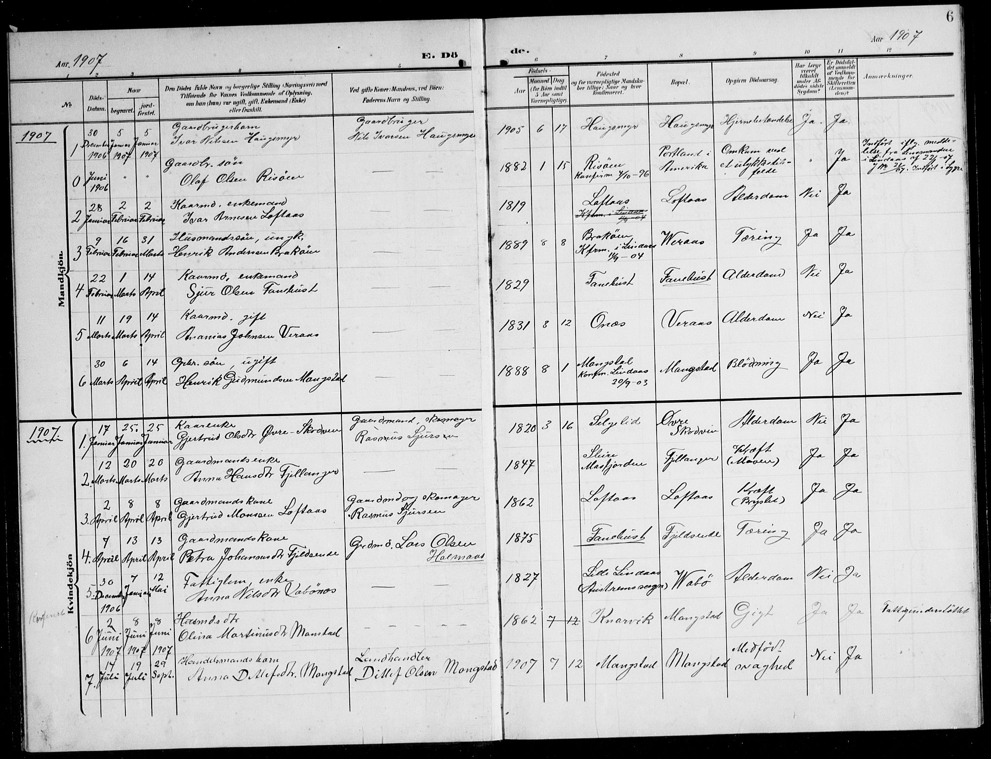 Lindås Sokneprestembete, AV/SAB-A-76701/H/Hab/Habb/L0006: Parish register (copy) no. B 6, 1906-1944, p. 6