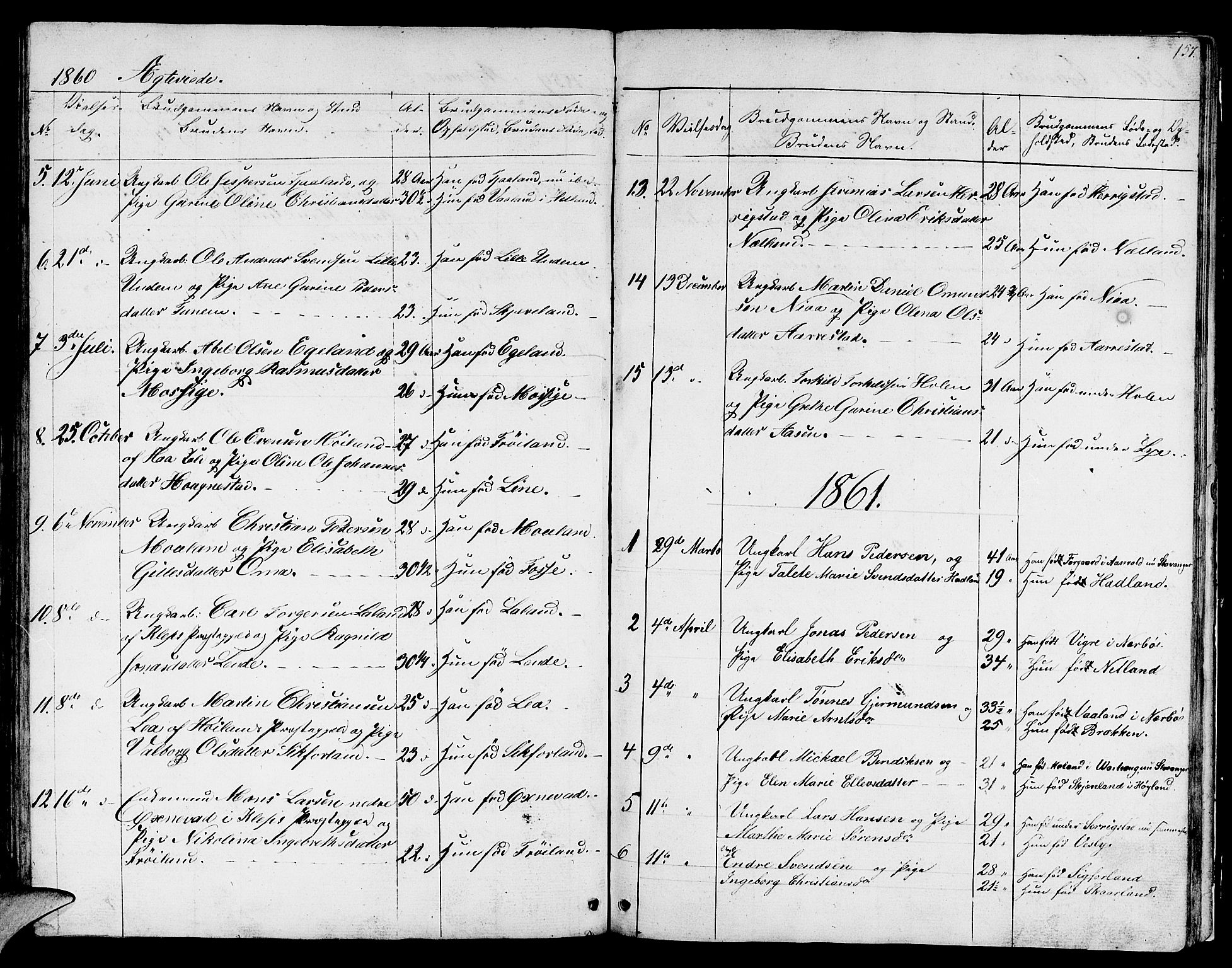 Lye sokneprestkontor, SAST/A-101794/001/30BB/L0002: Parish register (copy) no. B 2, 1852-1867, p. 157