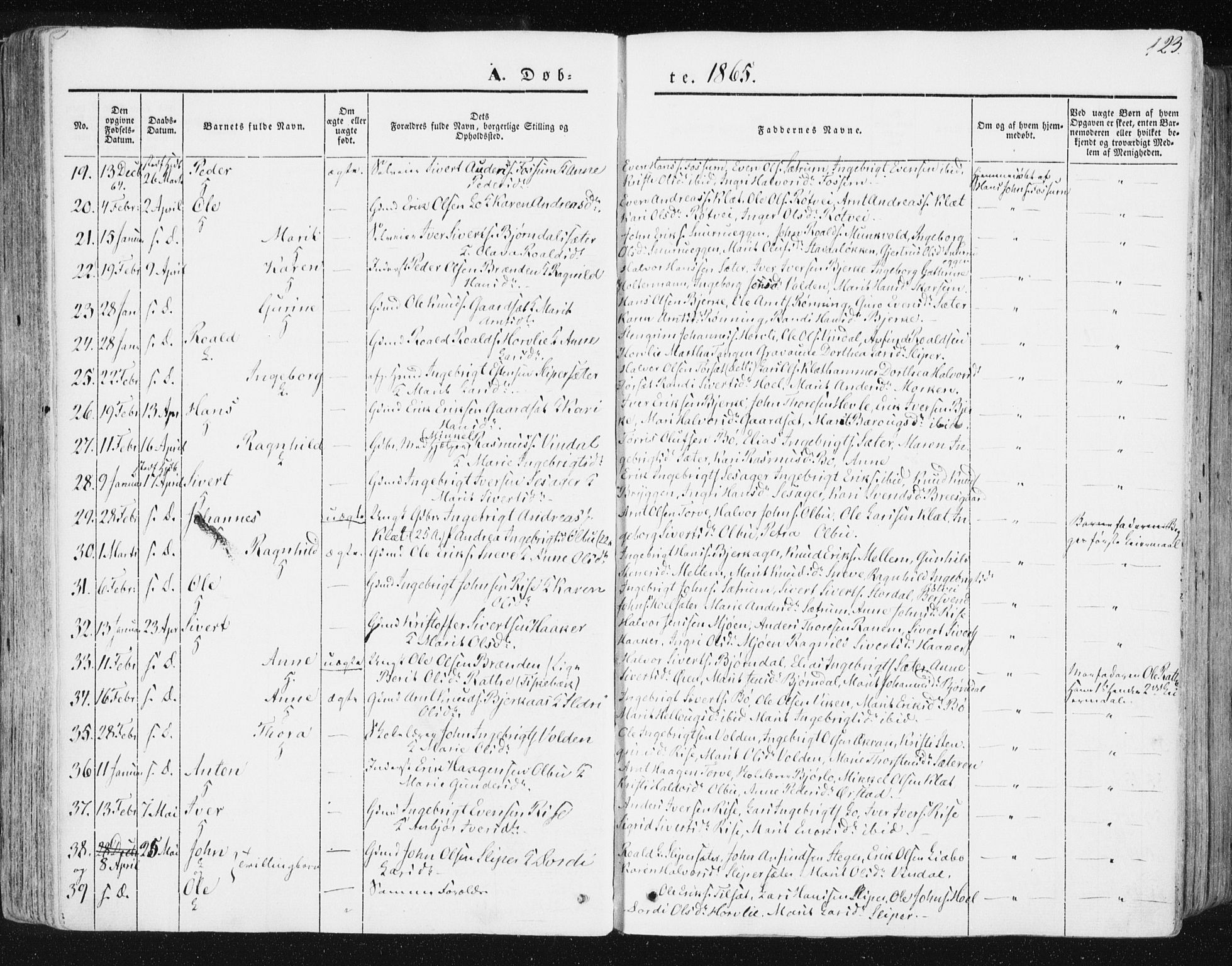 Ministerialprotokoller, klokkerbøker og fødselsregistre - Sør-Trøndelag, SAT/A-1456/678/L0899: Parish register (official) no. 678A08, 1848-1872, p. 123