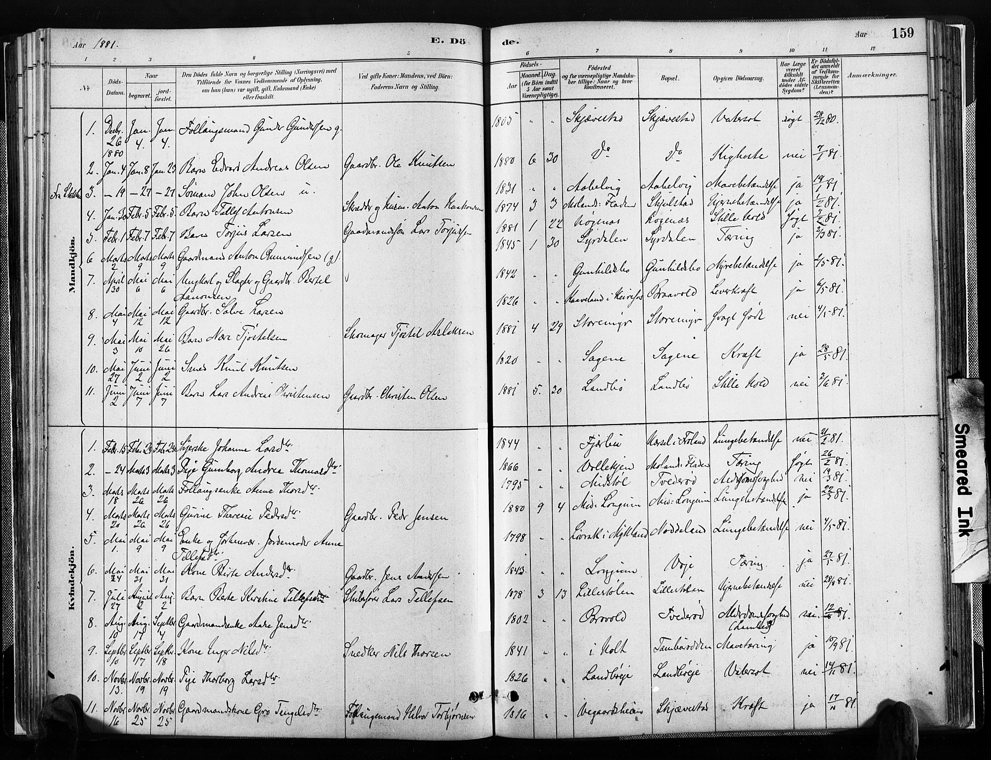 Austre Moland sokneprestkontor, SAK/1111-0001/F/Fa/Faa/L0010: Parish register (official) no. A 10, 1880-1904, p. 159