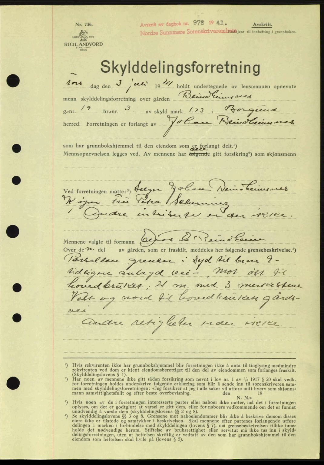 Nordre Sunnmøre sorenskriveri, AV/SAT-A-0006/1/2/2C/2Ca: Mortgage book no. A11, 1941-1941, Diary no: : 978/1941