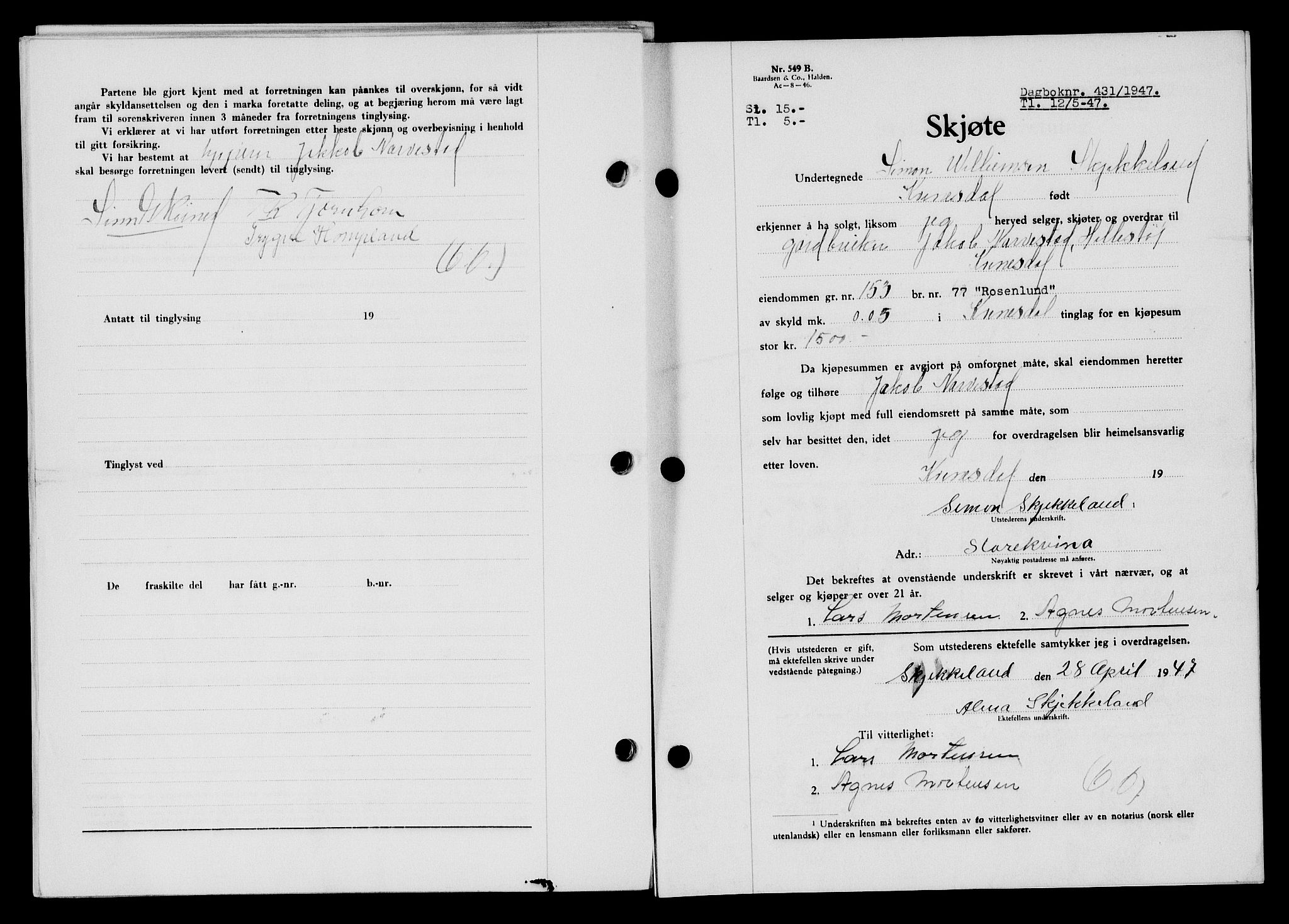 Flekkefjord sorenskriveri, SAK/1221-0001/G/Gb/Gba/L0062: Mortgage book no. A-10, 1947-1947, Diary no: : 431/1947