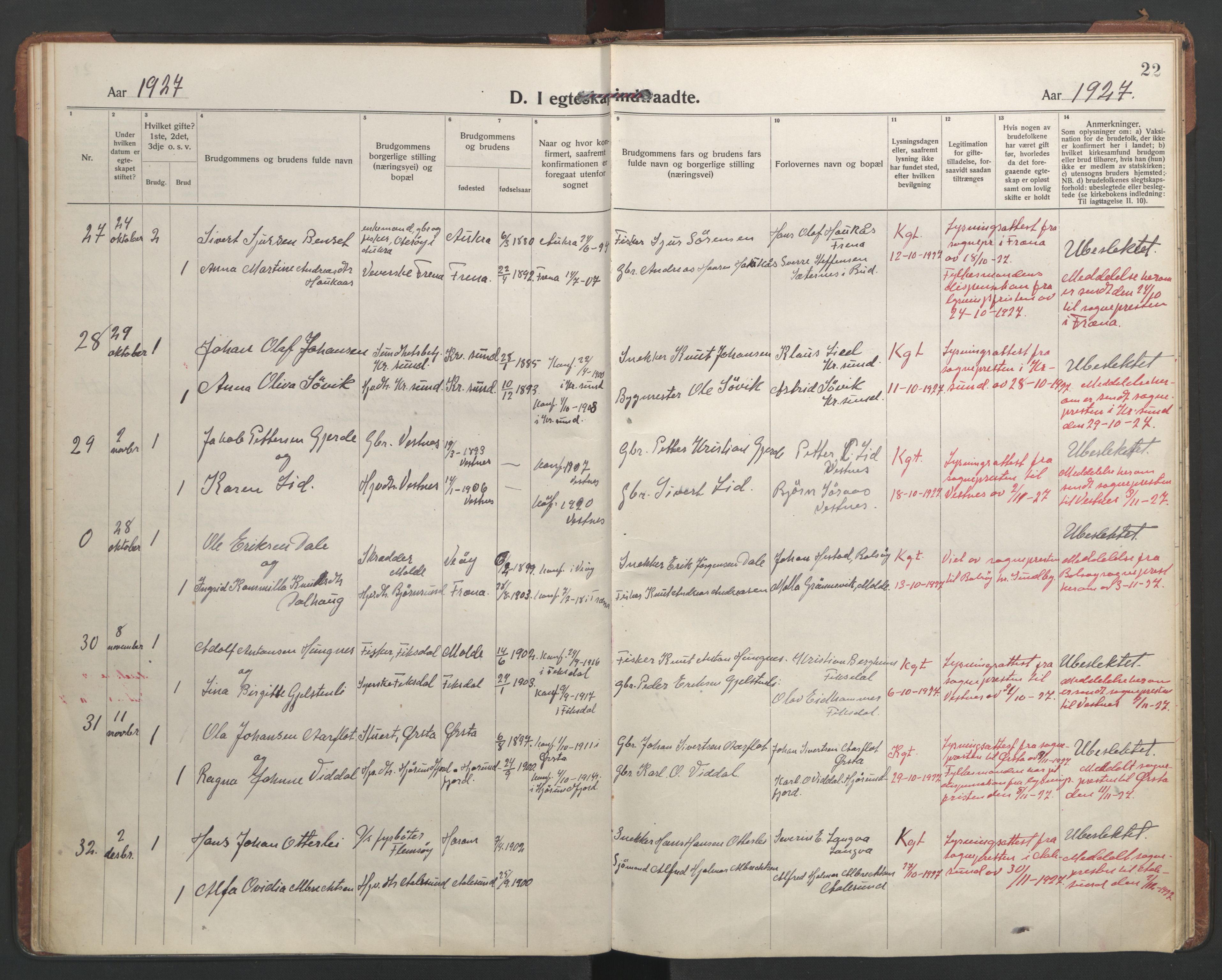 Ministerialprotokoller, klokkerbøker og fødselsregistre - Møre og Romsdal, AV/SAT-A-1454/558/L0698: Parish register (official) no. 558A12, 1922-1937, p. 22