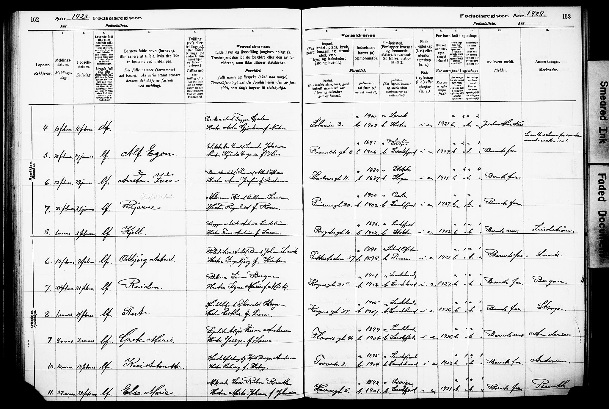 Sandefjord kirkebøker, AV/SAKO-A-315/J/Ja/L0001: Birth register no. 1, 1916-1932, p. 162