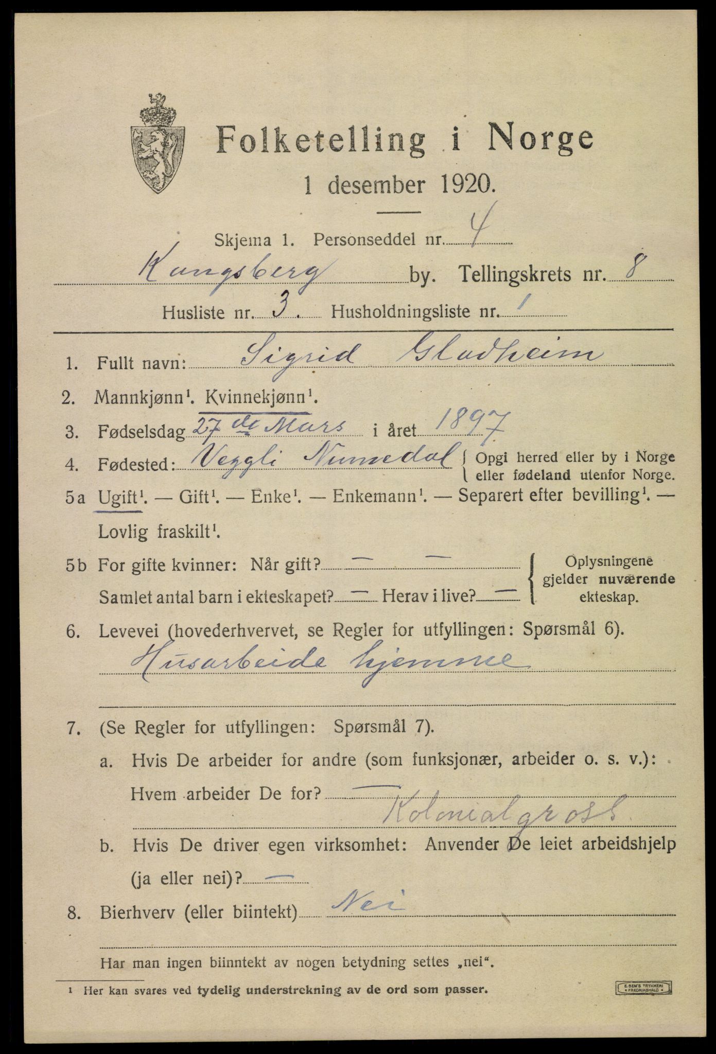 SAKO, 1920 census for Kongsberg, 1920, p. 15874