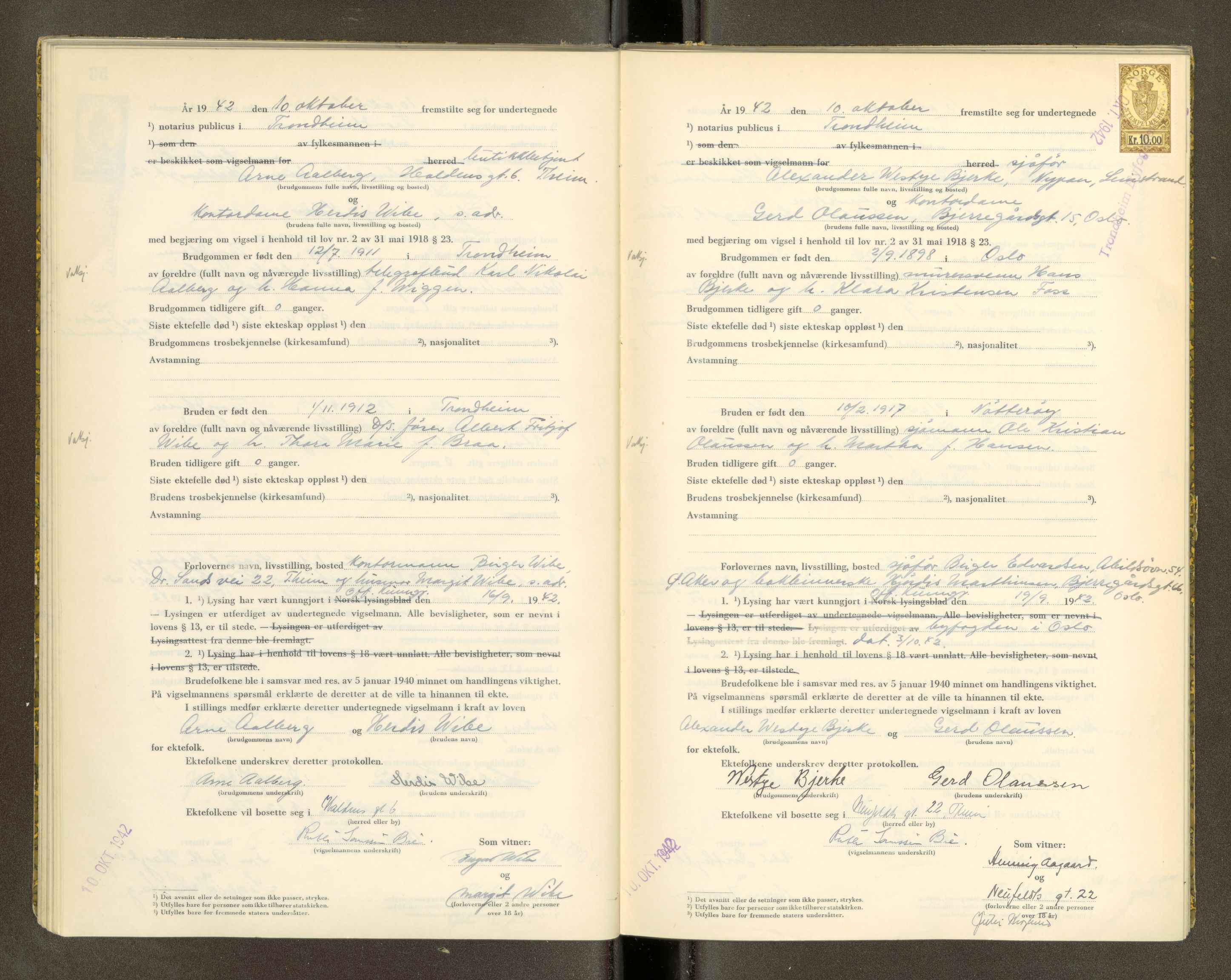 Trondheim byfogd, AV/SAT-A-0003/1/6/6D/L0003: Vigselbøker, 1942-1943, p. 54