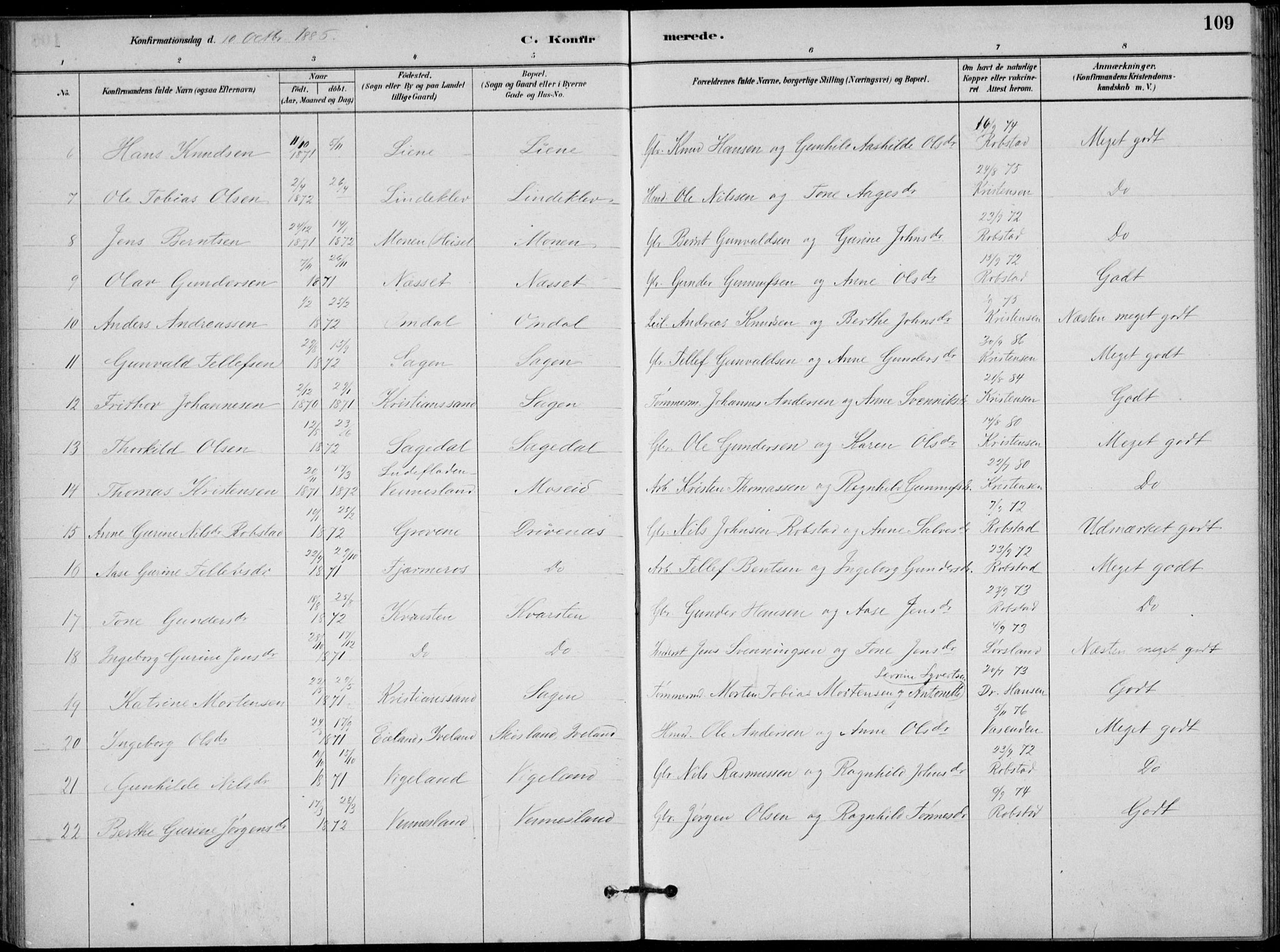 Vennesla sokneprestkontor, AV/SAK-1111-0045/Fb/Fbb/L0003: Parish register (copy) no. B 3, 1879-1893, p. 109