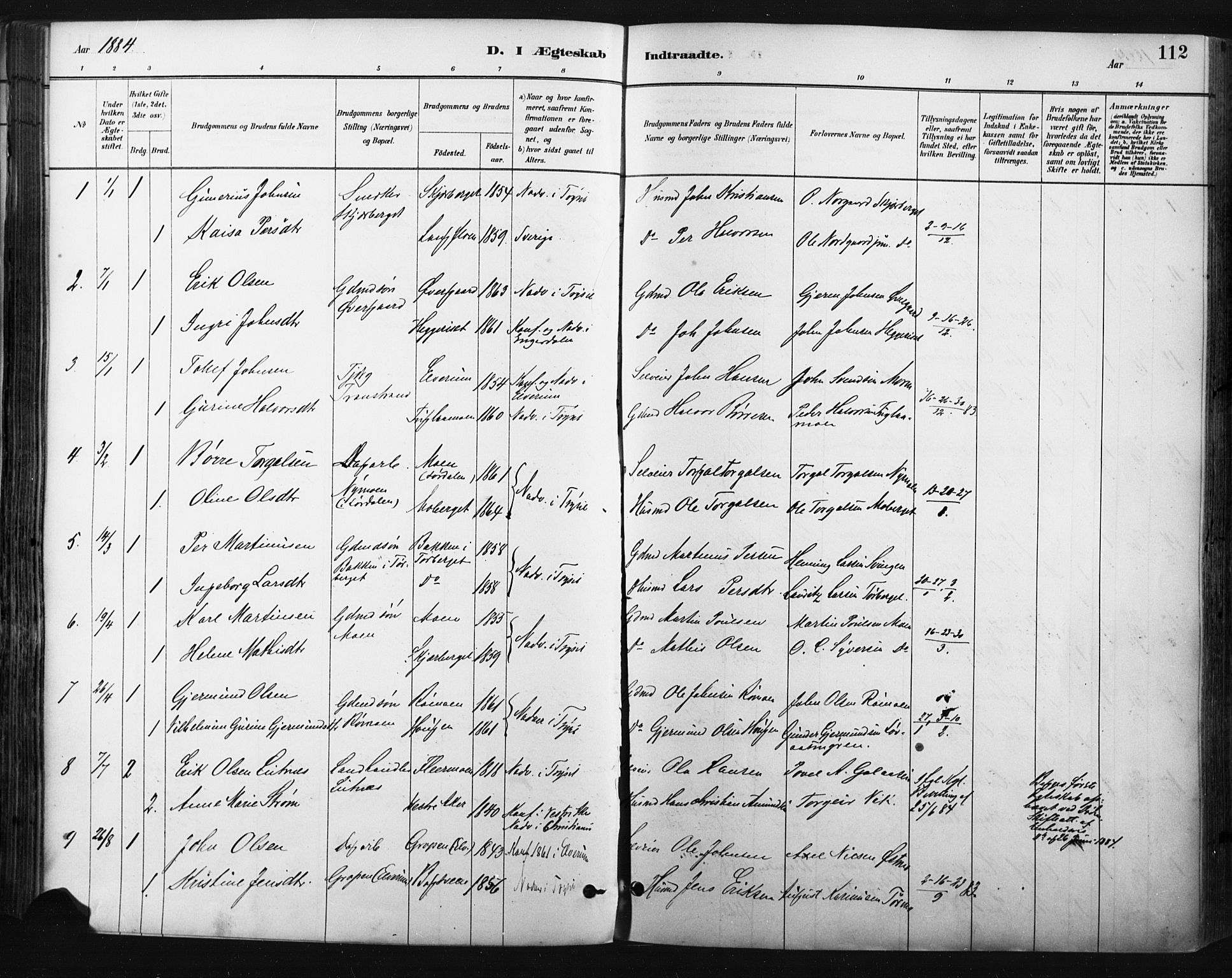 Trysil prestekontor, SAH/PREST-046/H/Ha/Haa/L0009: Parish register (official) no. 9, 1881-1897, p. 112