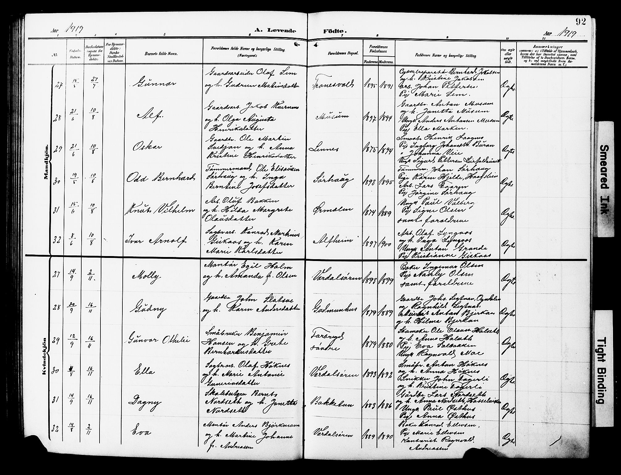 Ministerialprotokoller, klokkerbøker og fødselsregistre - Nord-Trøndelag, AV/SAT-A-1458/723/L0258: Parish register (copy) no. 723C06, 1908-1927, p. 92