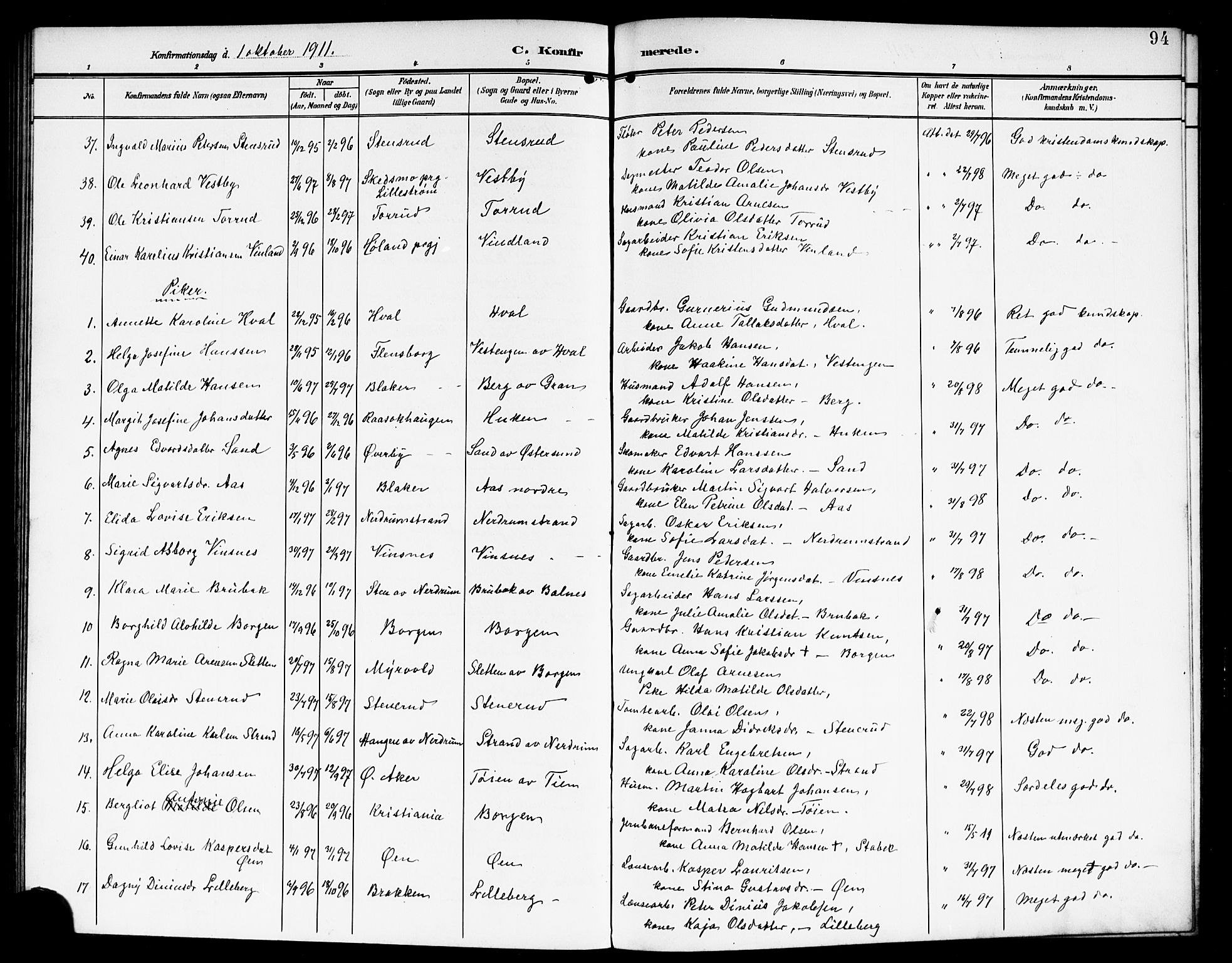 Fet prestekontor Kirkebøker, AV/SAO-A-10370a/G/Ga/L0008: Parish register (copy) no. I 8, 1907-1920, p. 94