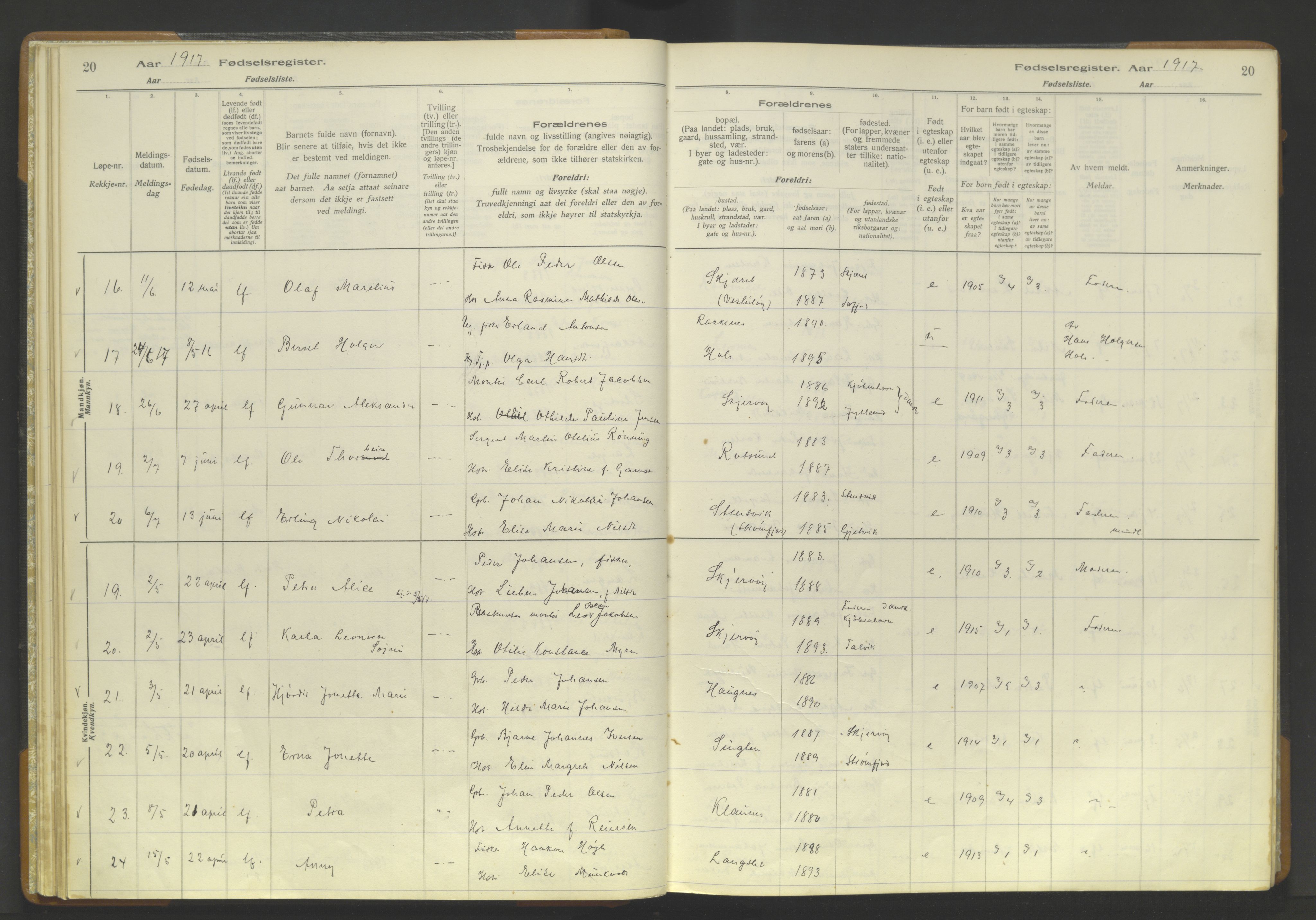 Skjervøy sokneprestkontor, AV/SATØ-S-1300/I/Ia/L0056: Birth register no. 56, 1916-1932, p. 20