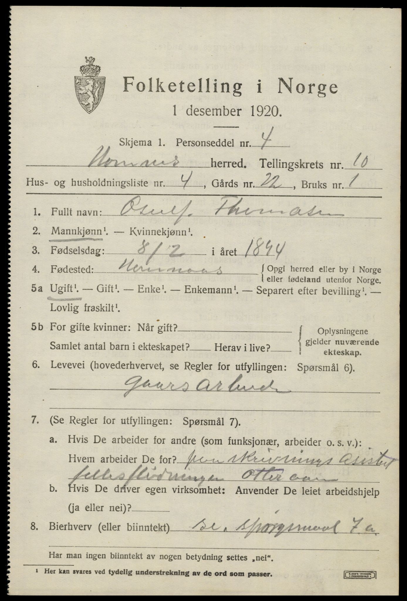 SAK, 1920 census for Hornnes, 1920, p. 2529