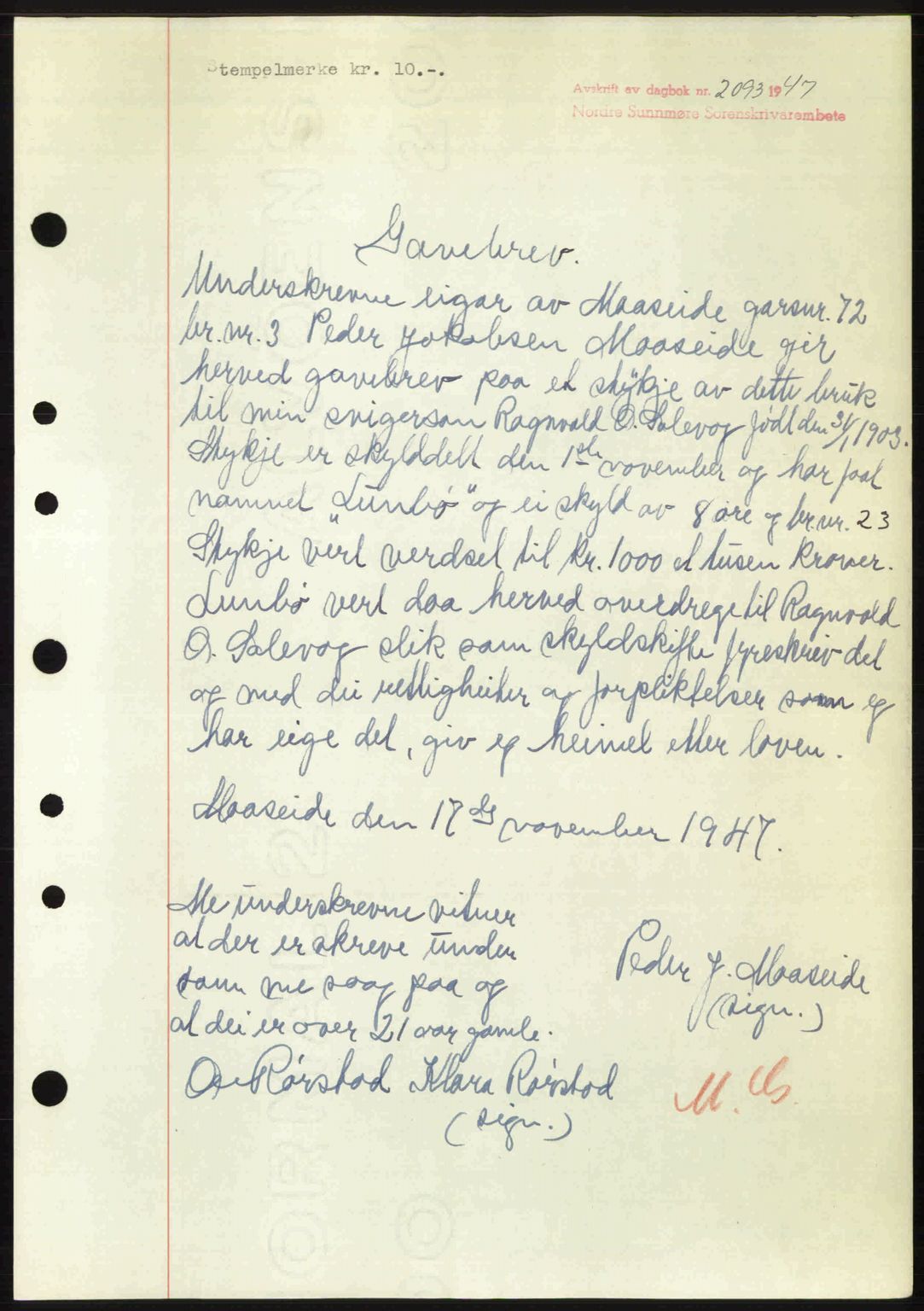 Nordre Sunnmøre sorenskriveri, AV/SAT-A-0006/1/2/2C/2Ca: Mortgage book no. A26, 1947-1948, Diary no: : 2093/1947