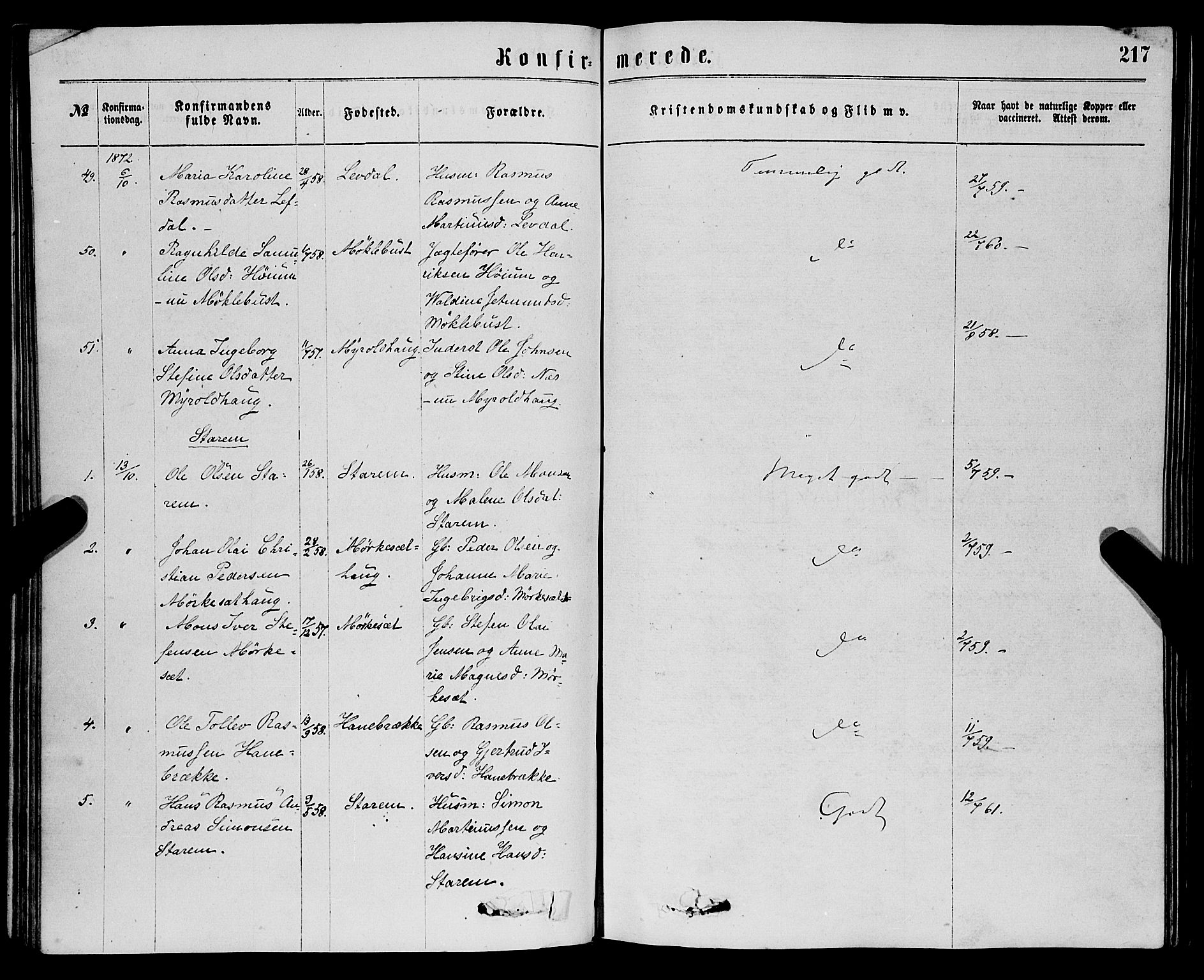 Eid sokneprestembete, SAB/A-82301/H/Haa/Haaa/L0010: Parish register (official) no. A 10, 1867-1878, p. 217