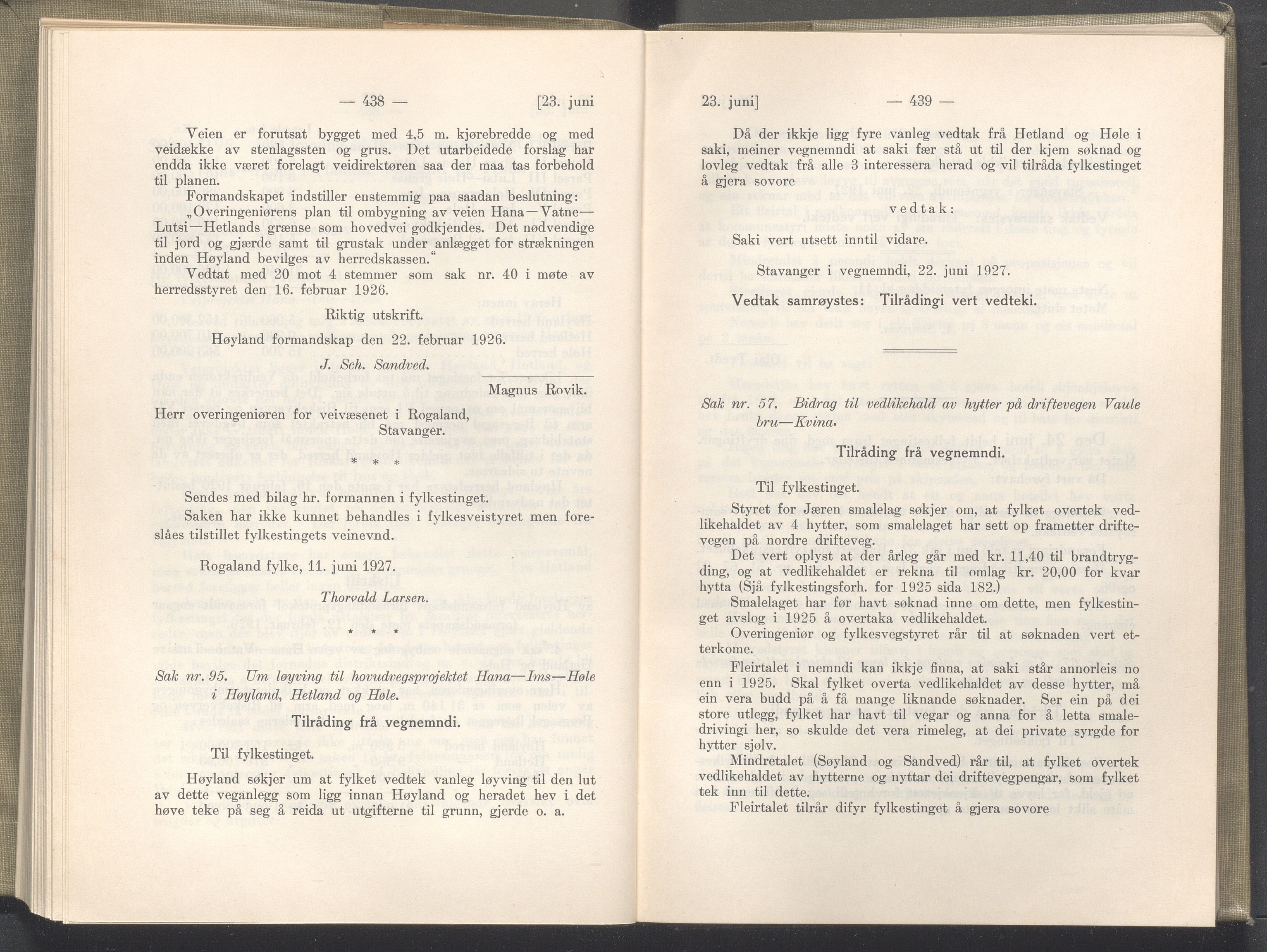 Rogaland fylkeskommune - Fylkesrådmannen , IKAR/A-900/A/Aa/Aaa/L0046: Møtebok , 1927, p. 438-439