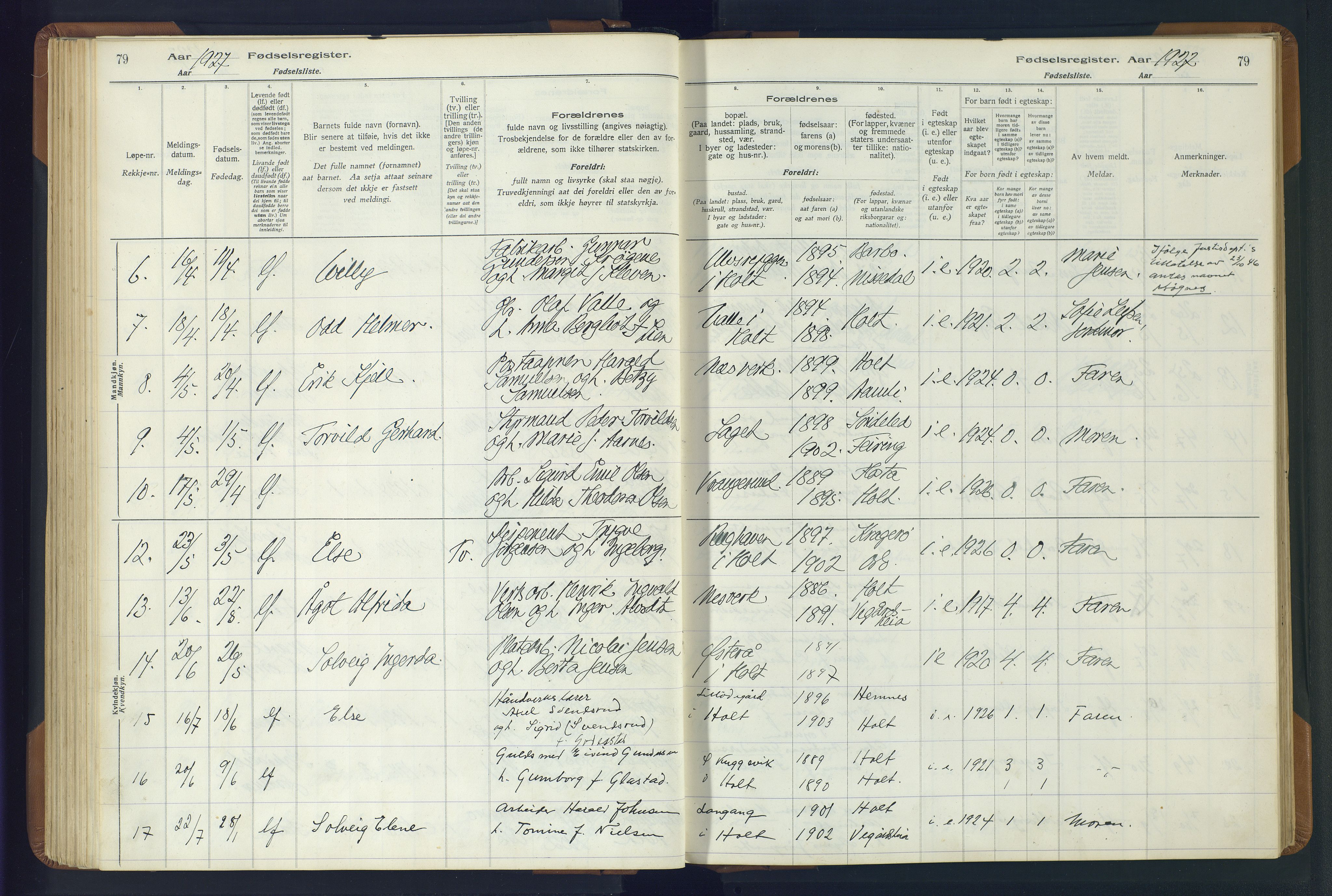 Holt sokneprestkontor, AV/SAK-1111-0021/J/Ja/L0001: Birth register no. II.4.1, 1916-1946, p. 79