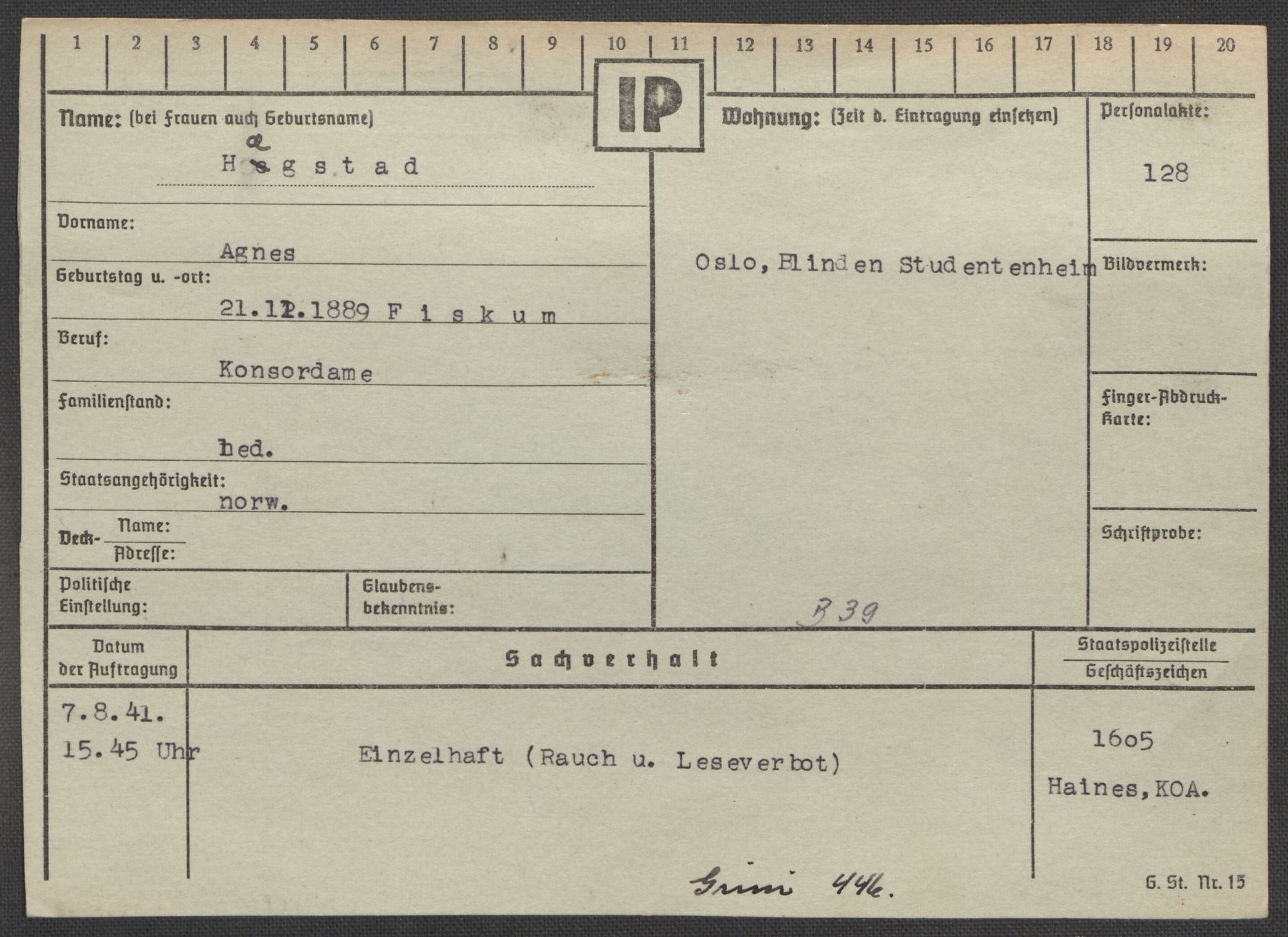 Befehlshaber der Sicherheitspolizei und des SD, RA/RAFA-5969/E/Ea/Eaa/L0004: Register over norske fanger i Møllergata 19: Hal-Hæ, 1940-1945, p. 1483