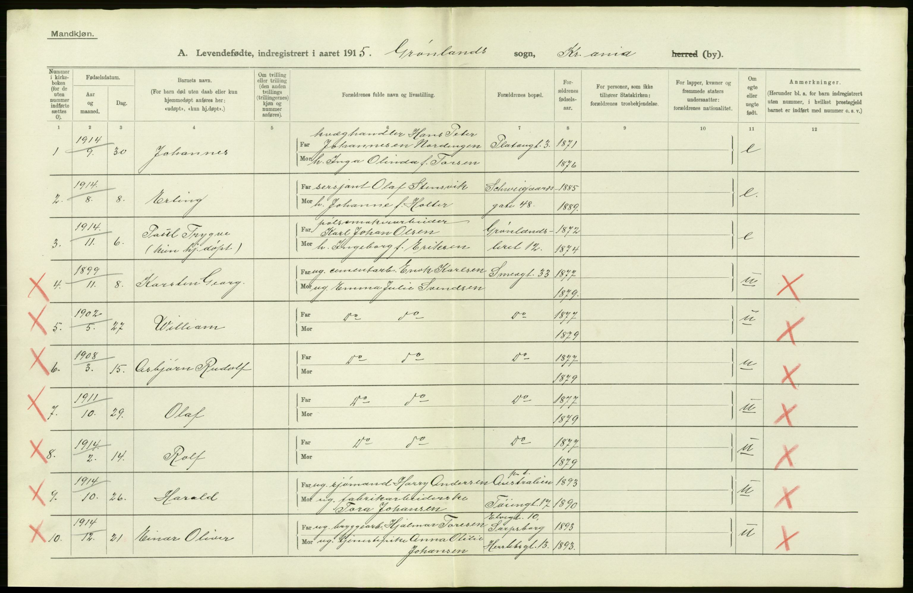 Statistisk sentralbyrå, Sosiodemografiske emner, Befolkning, AV/RA-S-2228/D/Df/Dfb/Dfbe/L0006: Kristiania: Levendefødte menn og kvinner., 1915, p. 720