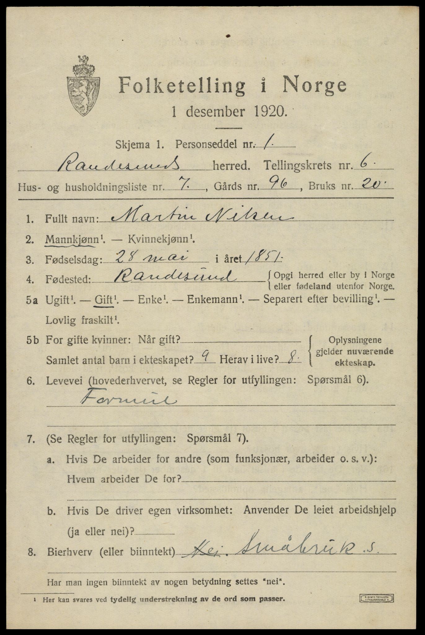 SAK, 1920 census for Randesund, 1920, p. 2788