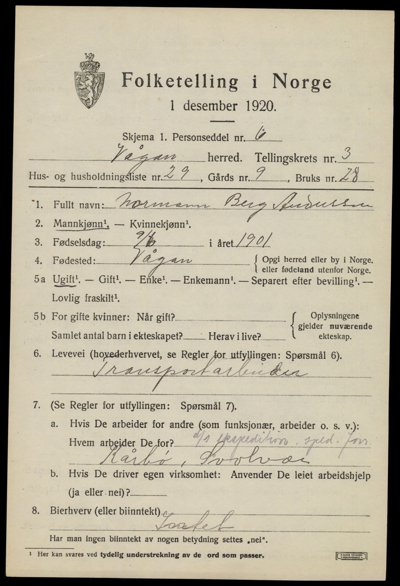 SAT, 1920 census for Vågan, 1920, p. 2937