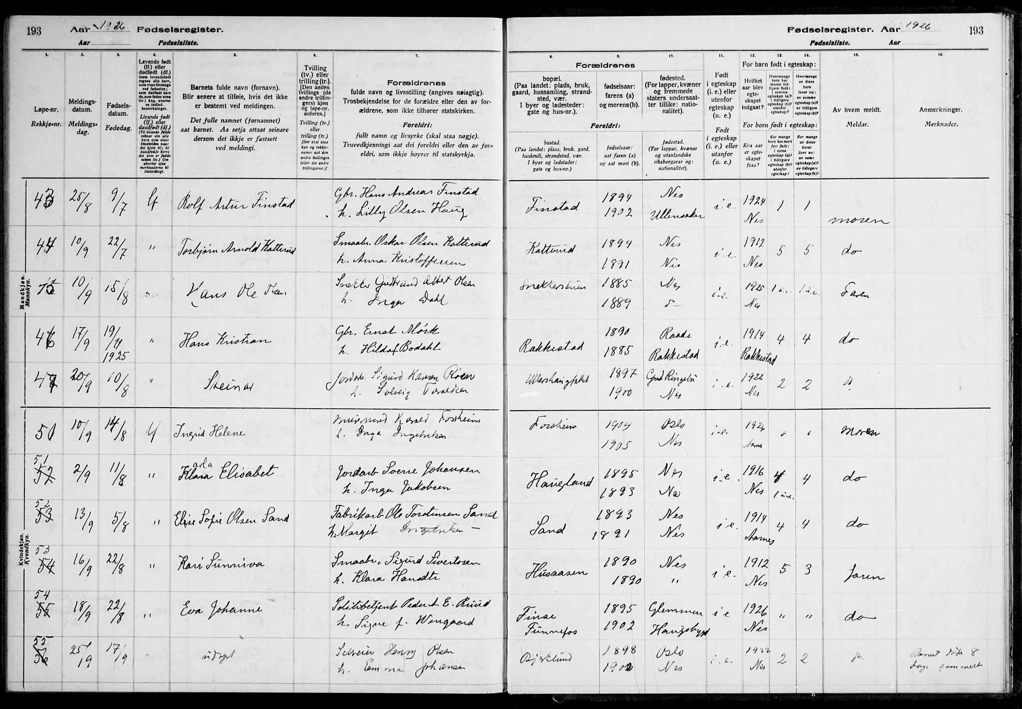 Nes prestekontor Kirkebøker, AV/SAO-A-10410/J/Ja/L0001: Birth register no. 1, 1916-1926, p. 193