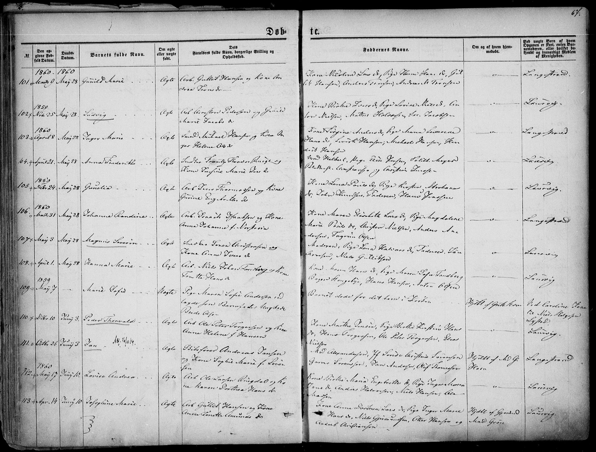 Larvik kirkebøker, SAKO/A-352/F/Fa/L0004: Parish register (official) no. I 4, 1856-1870, p. 67
