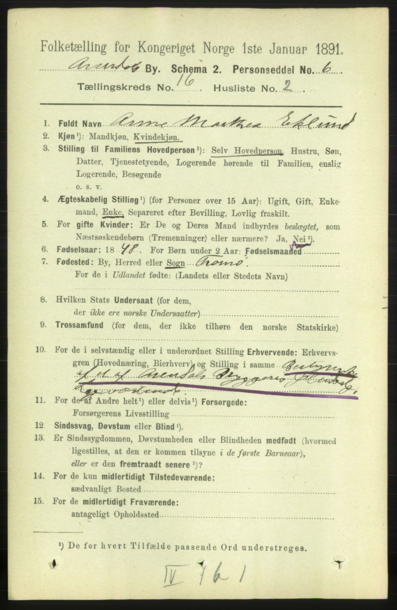 RA, 1891 census for 0903 Arendal, 1891, p. 5374