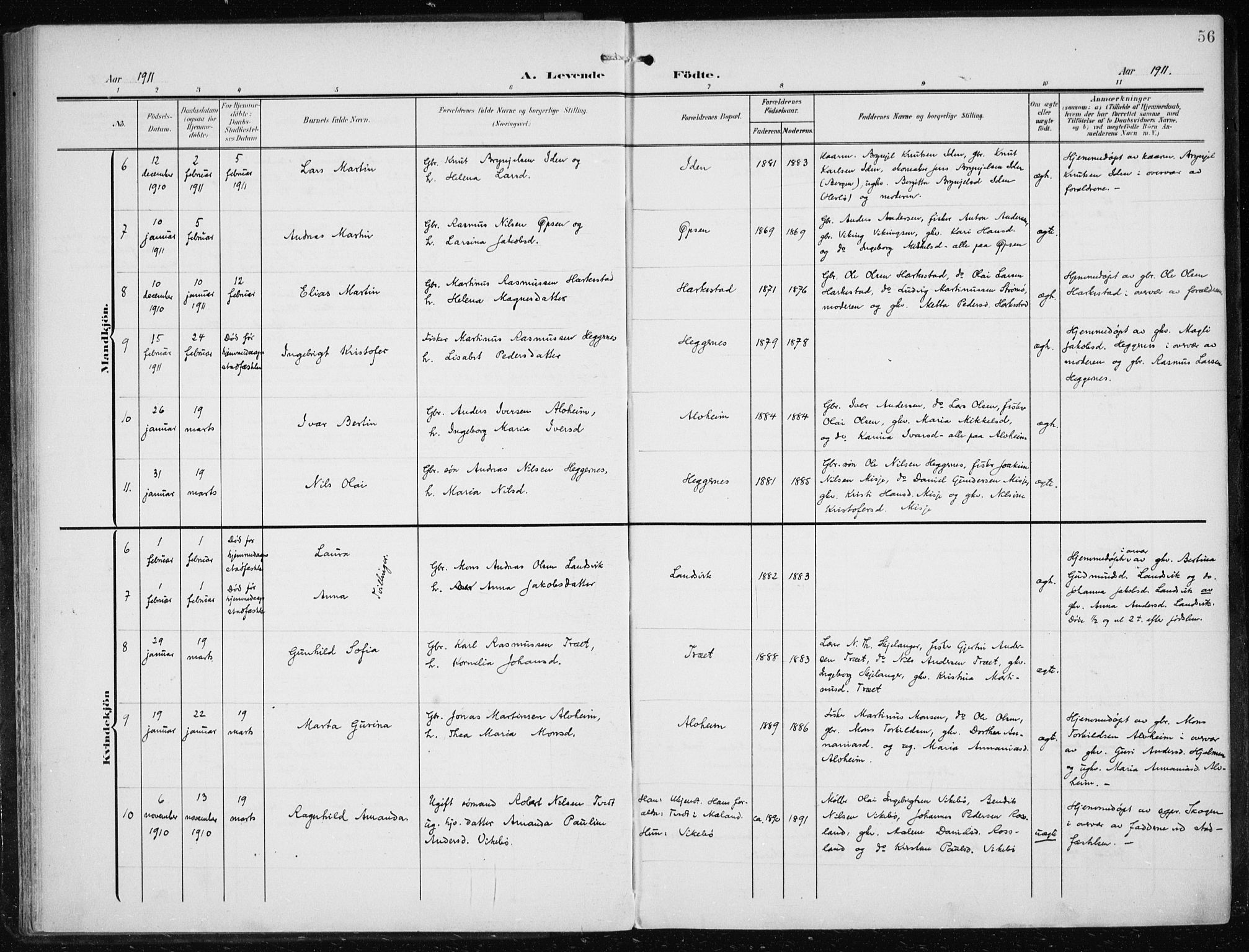 Herdla Sokneprestembete, SAB/A-75701/H/Haa: Parish register (official) no. A 5, 1905-1918, p. 56