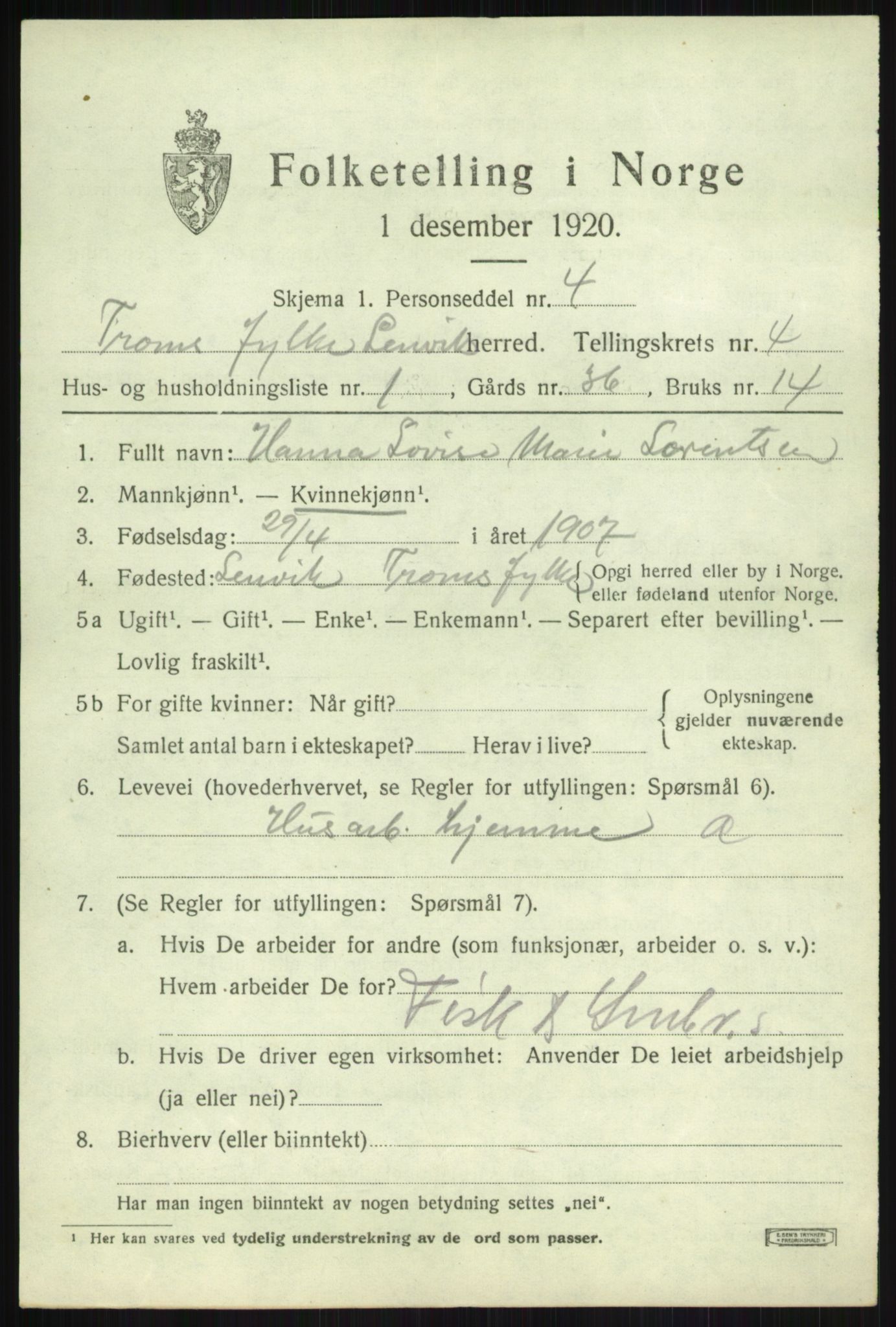 SATØ, 1920 census for Lenvik, 1920, p. 5652