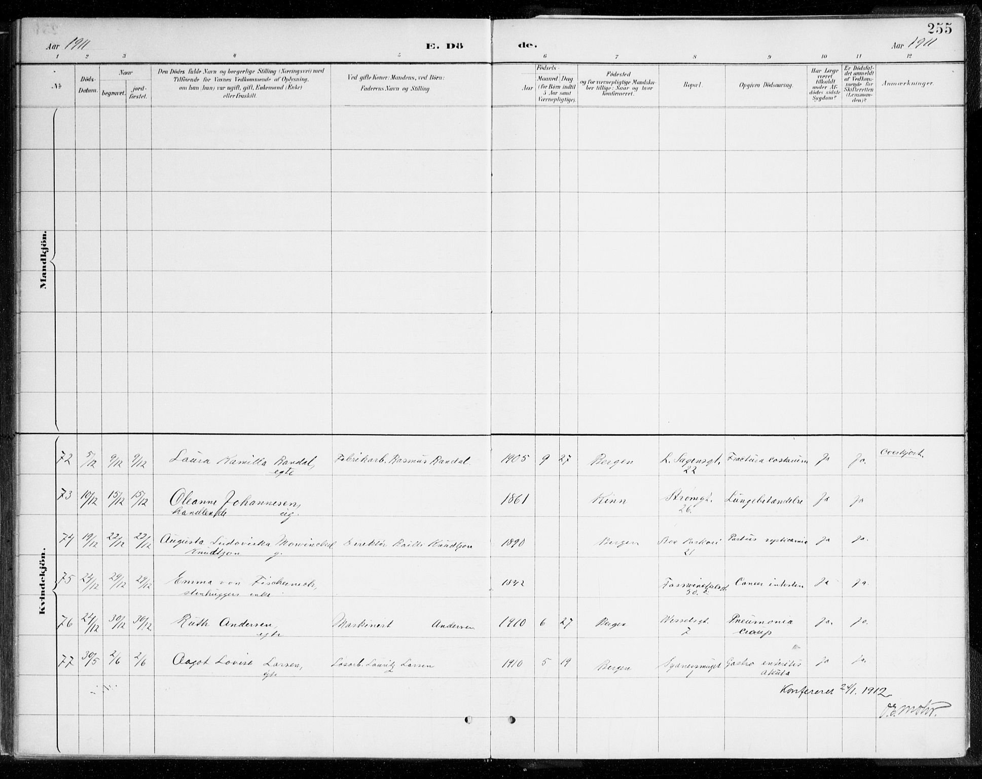 Johanneskirken sokneprestembete, SAB/A-76001/H/Haa/L0019: Parish register (official) no. E 1, 1885-1915, p. 255