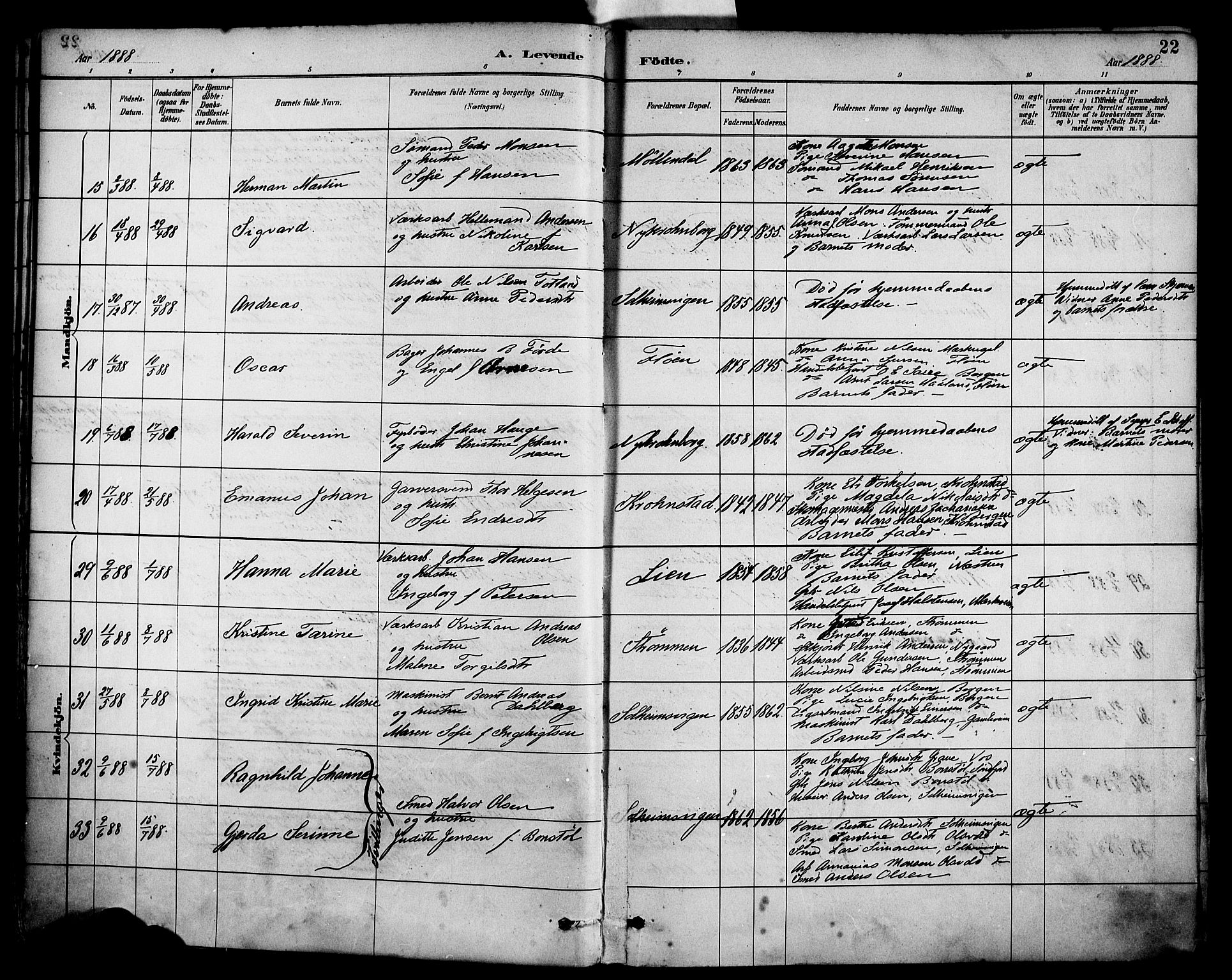 Årstad Sokneprestembete, AV/SAB-A-79301/H/Haa/L0001: Parish register (official) no. A 1, 1886-1901, p. 22