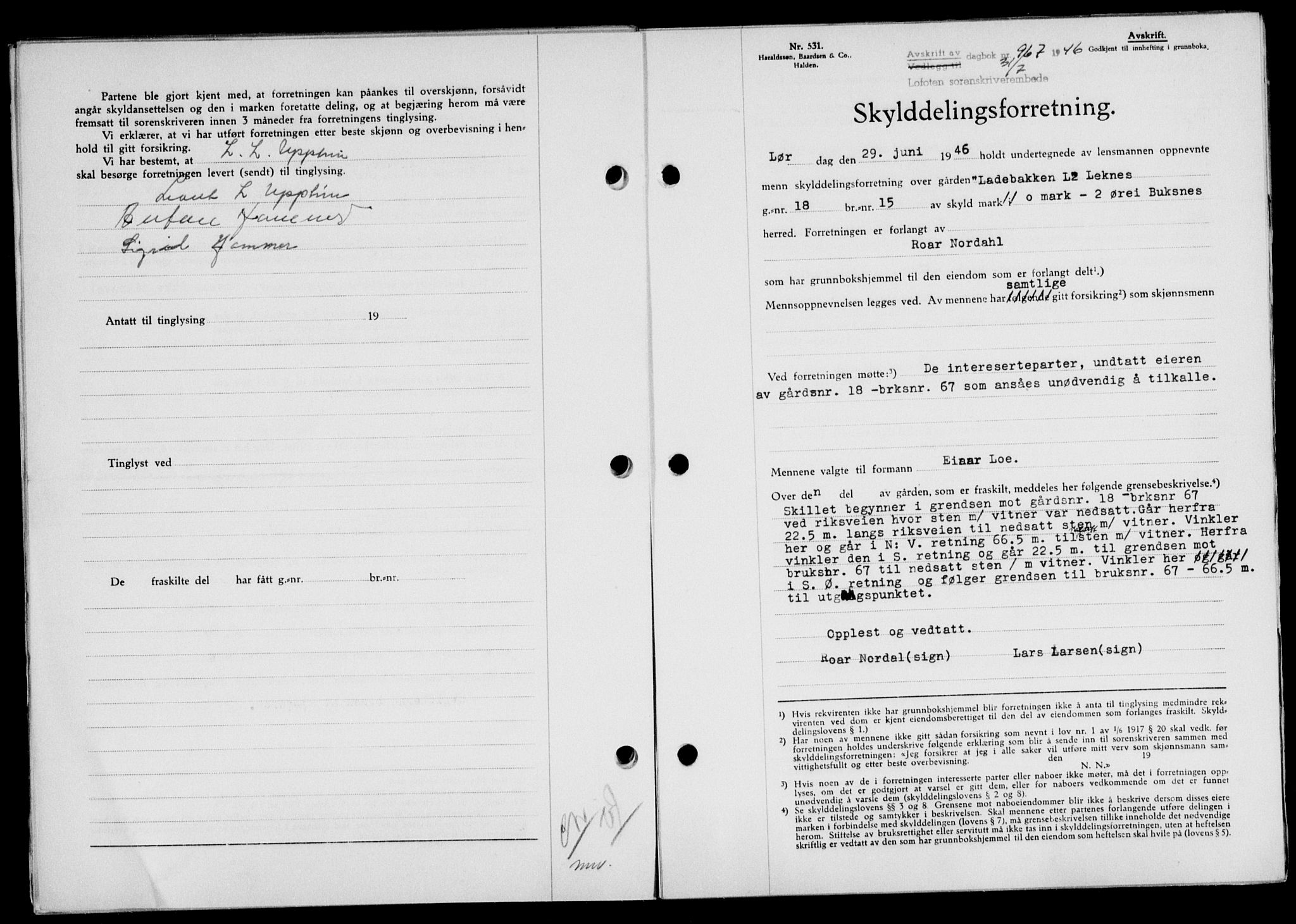 Lofoten sorenskriveri, SAT/A-0017/1/2/2C/L0014a: Mortgage book no. 14a, 1946-1946, Diary no: : 967/1946
