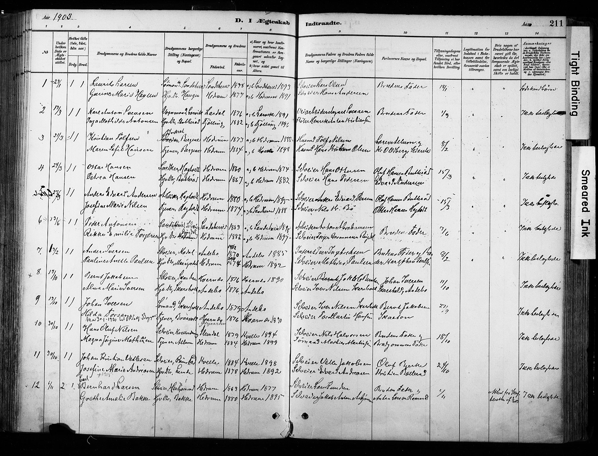 Hedrum kirkebøker, AV/SAKO-A-344/F/Fa/L0009: Parish register (official) no. I 9, 1881-1903, p. 211