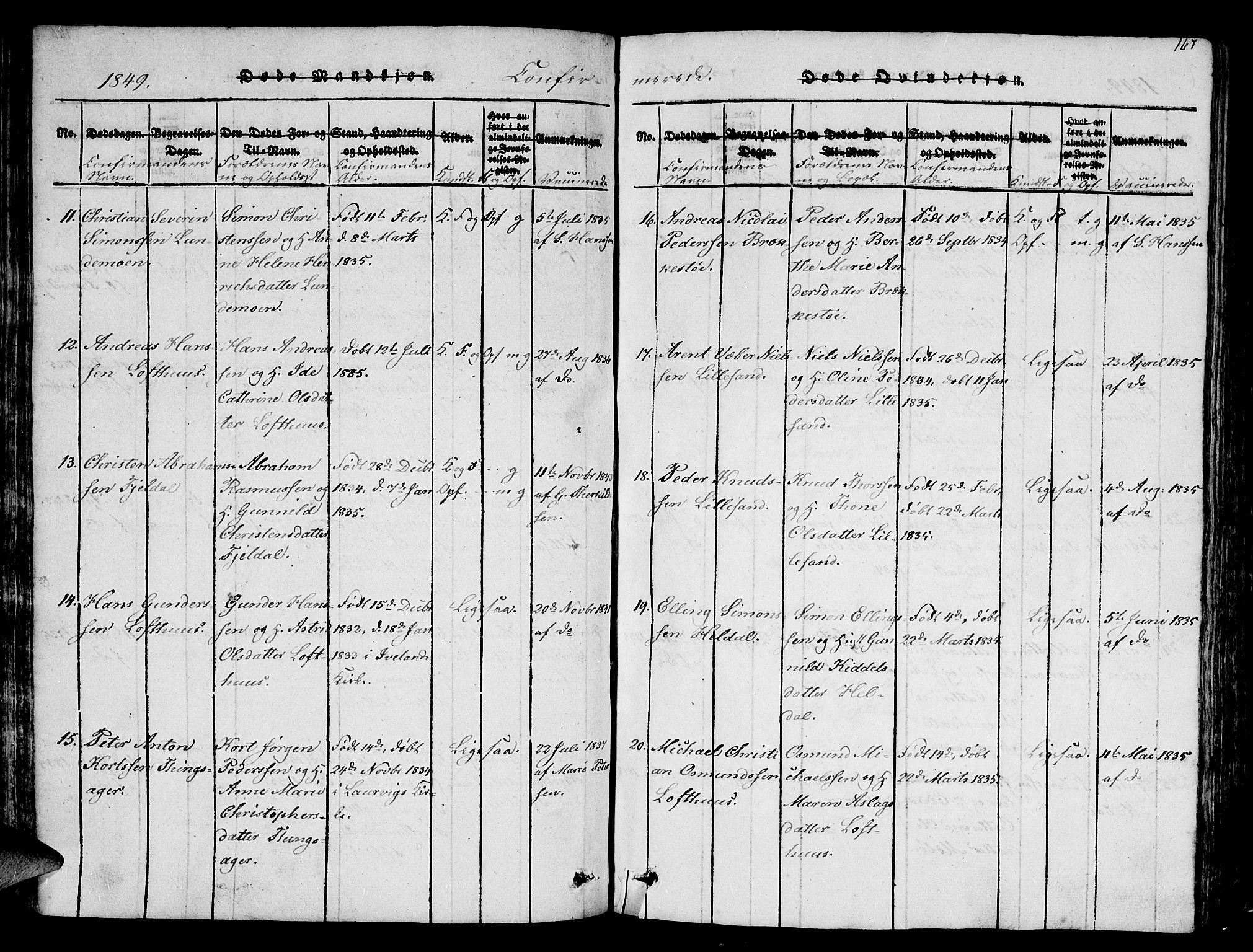 Vestre Moland sokneprestkontor, SAK/1111-0046/F/Fb/Fbb/L0001: Parish register (copy) no. B 1, 1816-1851, p. 167