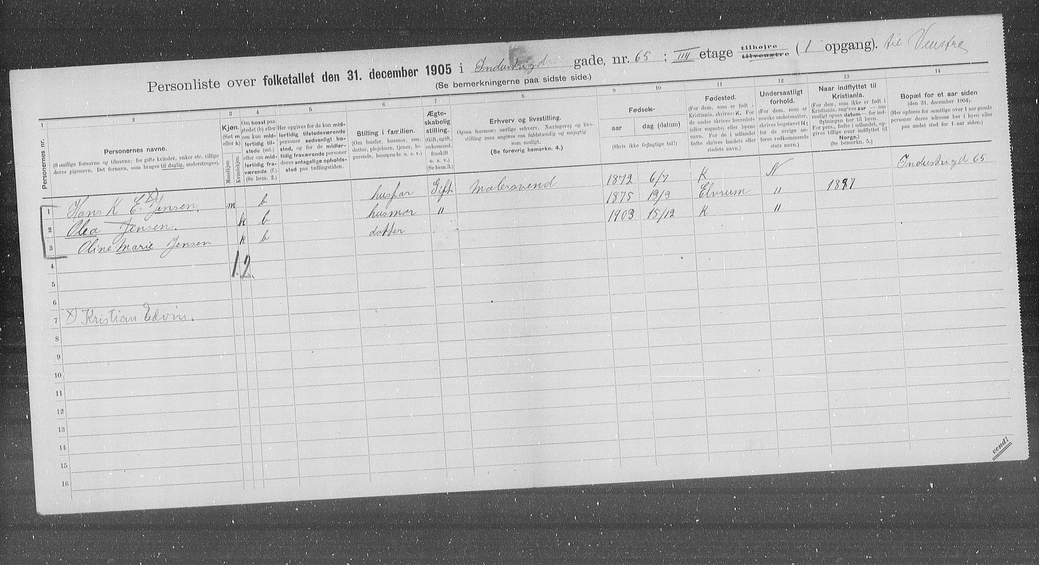 OBA, Municipal Census 1905 for Kristiania, 1905, p. 23032