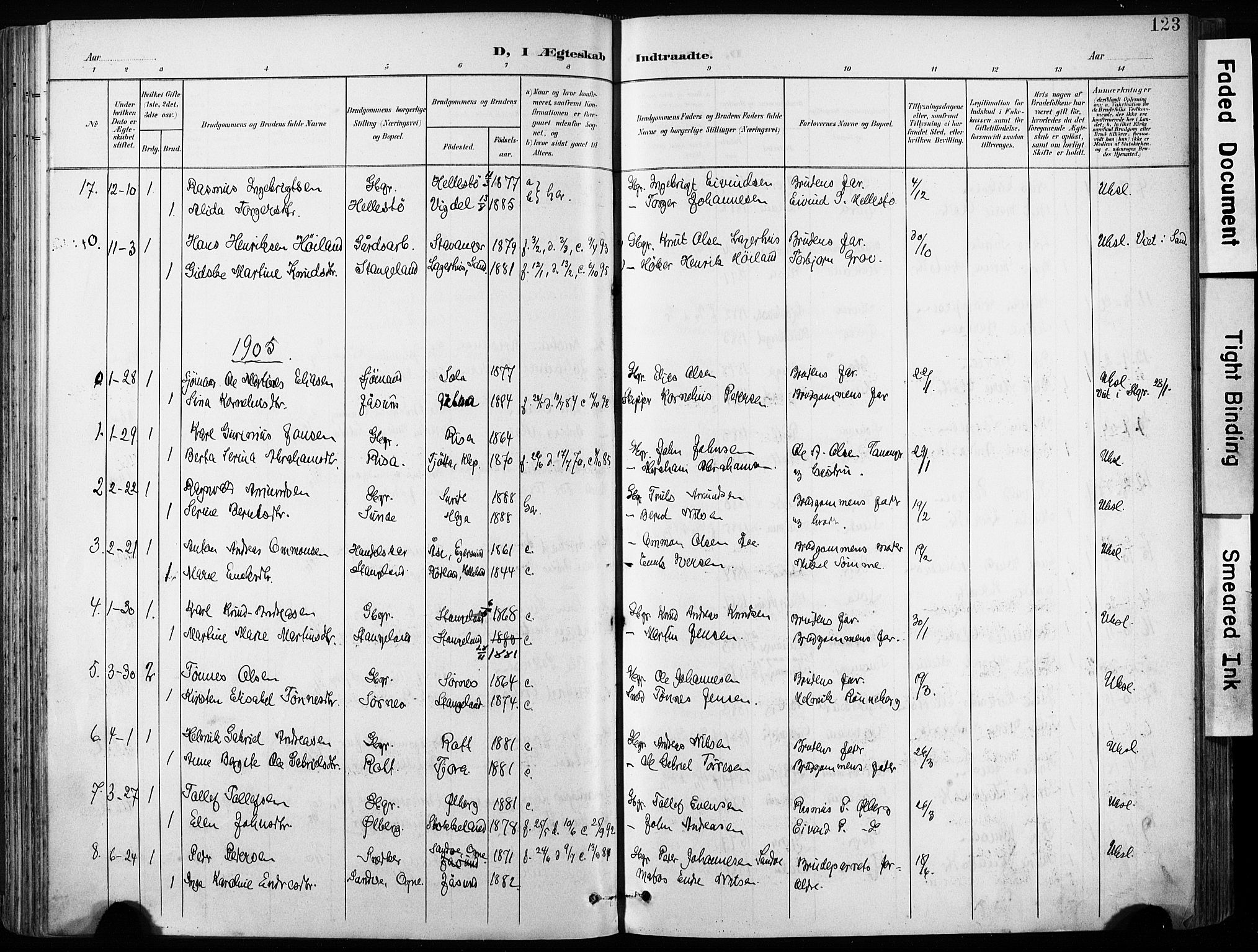 Håland sokneprestkontor, SAST/A-101802/001/30BA/L0013: Parish register (official) no. A 12, 1901-1913, p. 123