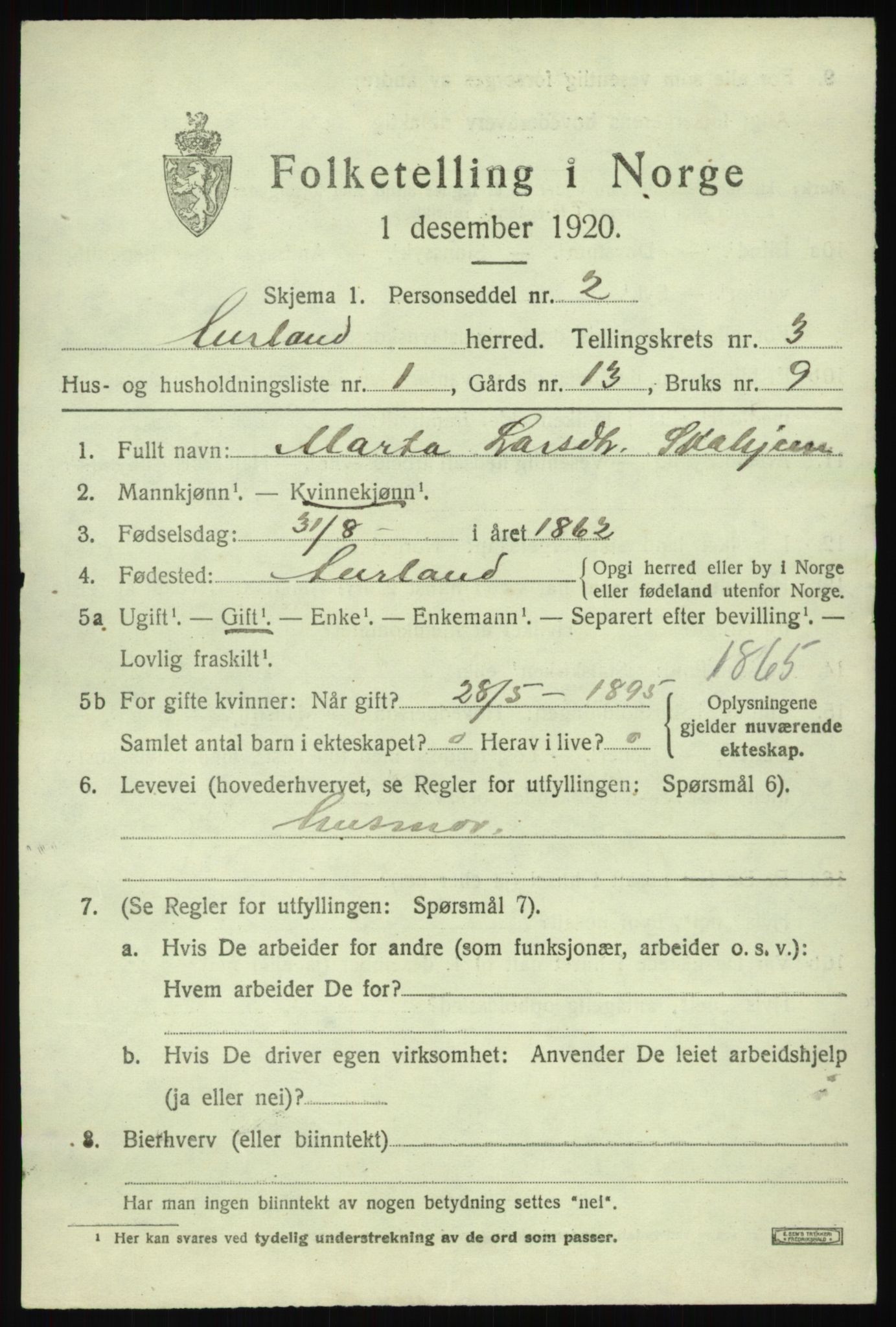 SAB, 1920 census for Aurland, 1920, p. 2146