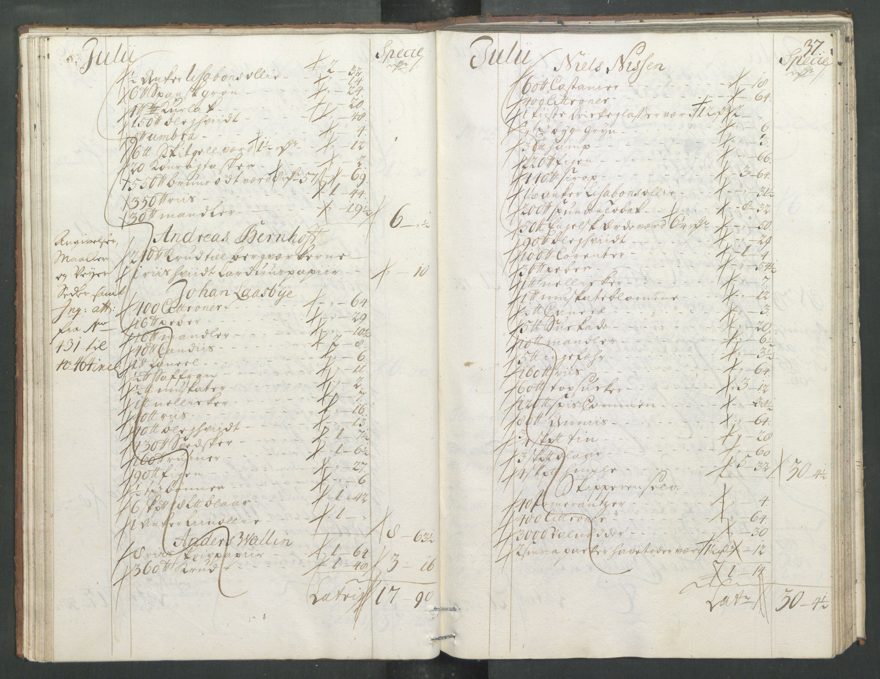 Generaltollkammeret, tollregnskaper, RA/EA-5490/R33/L0013/0001: Tollregnskaper Trondheim A / Inngående tollbok, 1731, p. 36b-37a