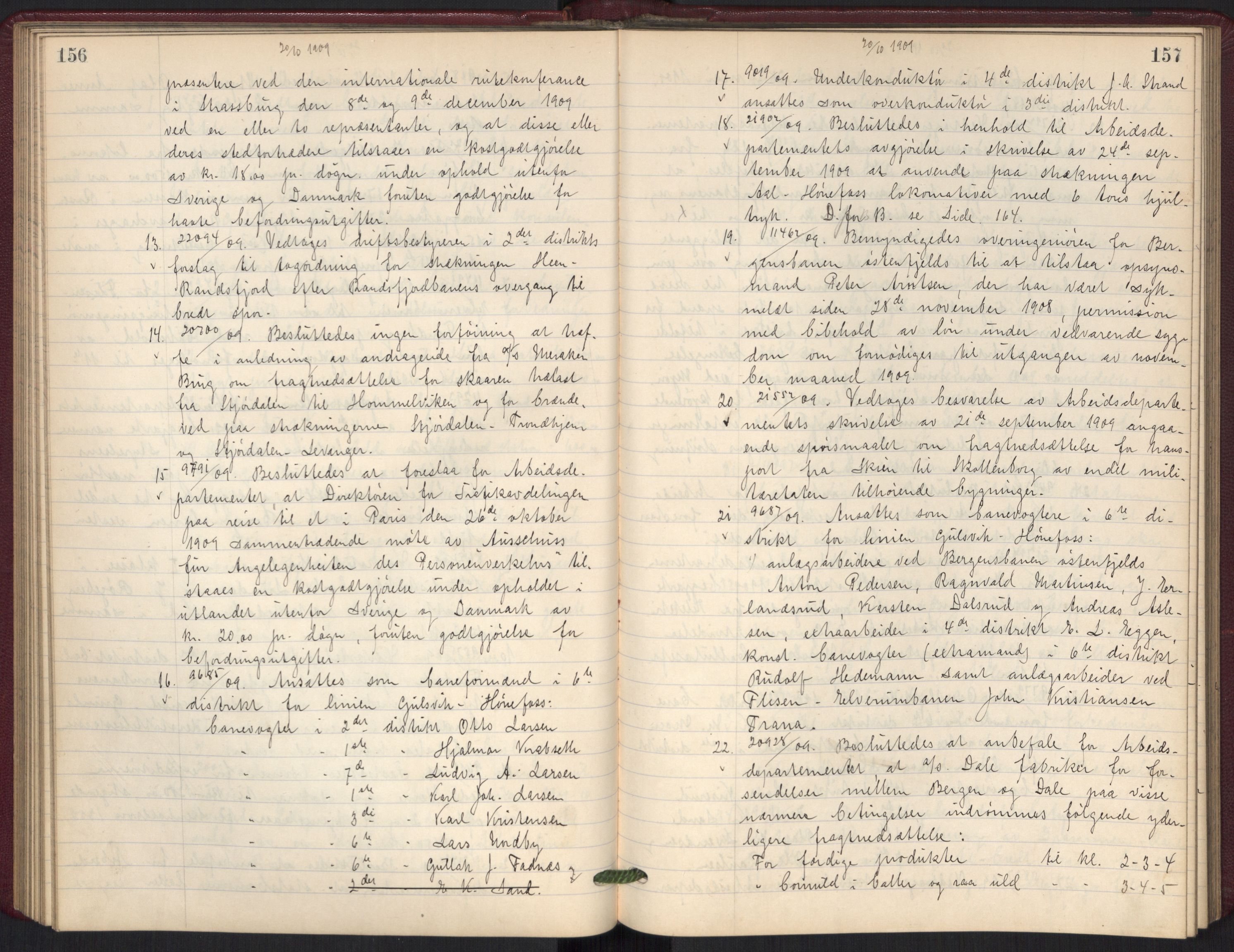 Norges statsbaner, Administrasjons- økonomi- og personalavdelingen, AV/RA-S-3412/A/Aa/L0010: Forhandlingsprotokoll, 1909-1910, p. 156-157