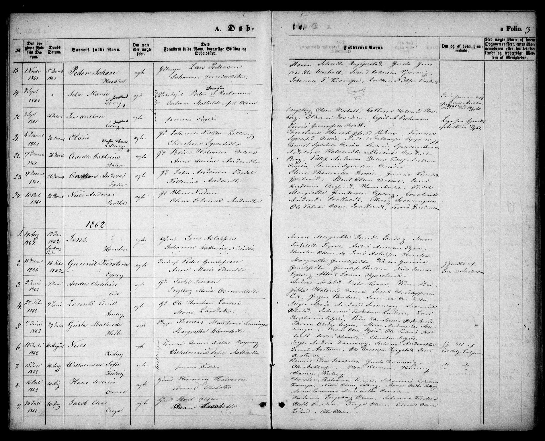 Hommedal sokneprestkontor, AV/SAK-1111-0023/F/Fa/Faa/L0002: Parish register (official) no. A 2, 1861-1884, p. 3