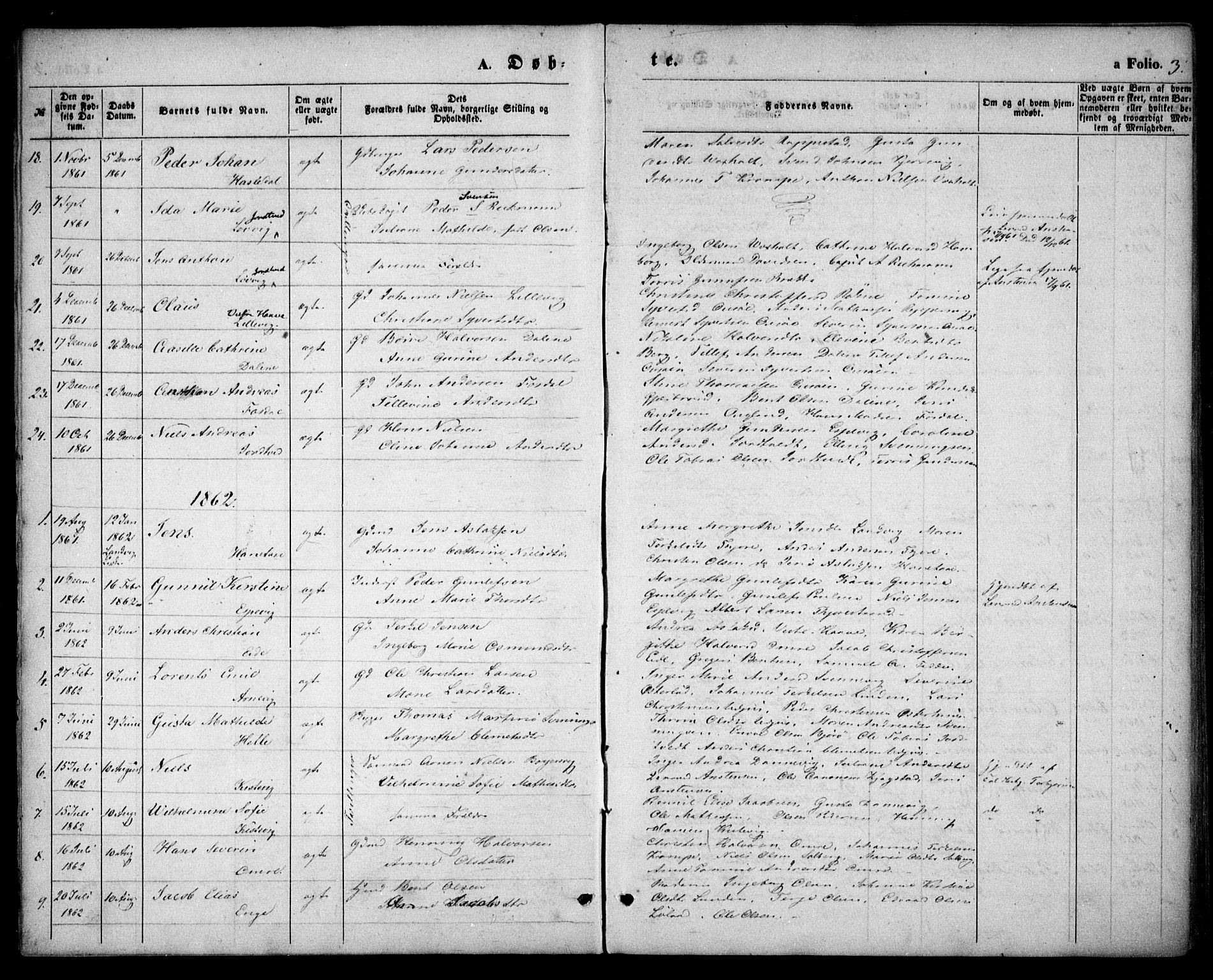 Hommedal sokneprestkontor, AV/SAK-1111-0023/F/Fa/Faa/L0002: Parish register (official) no. A 2, 1861-1884, p. 3