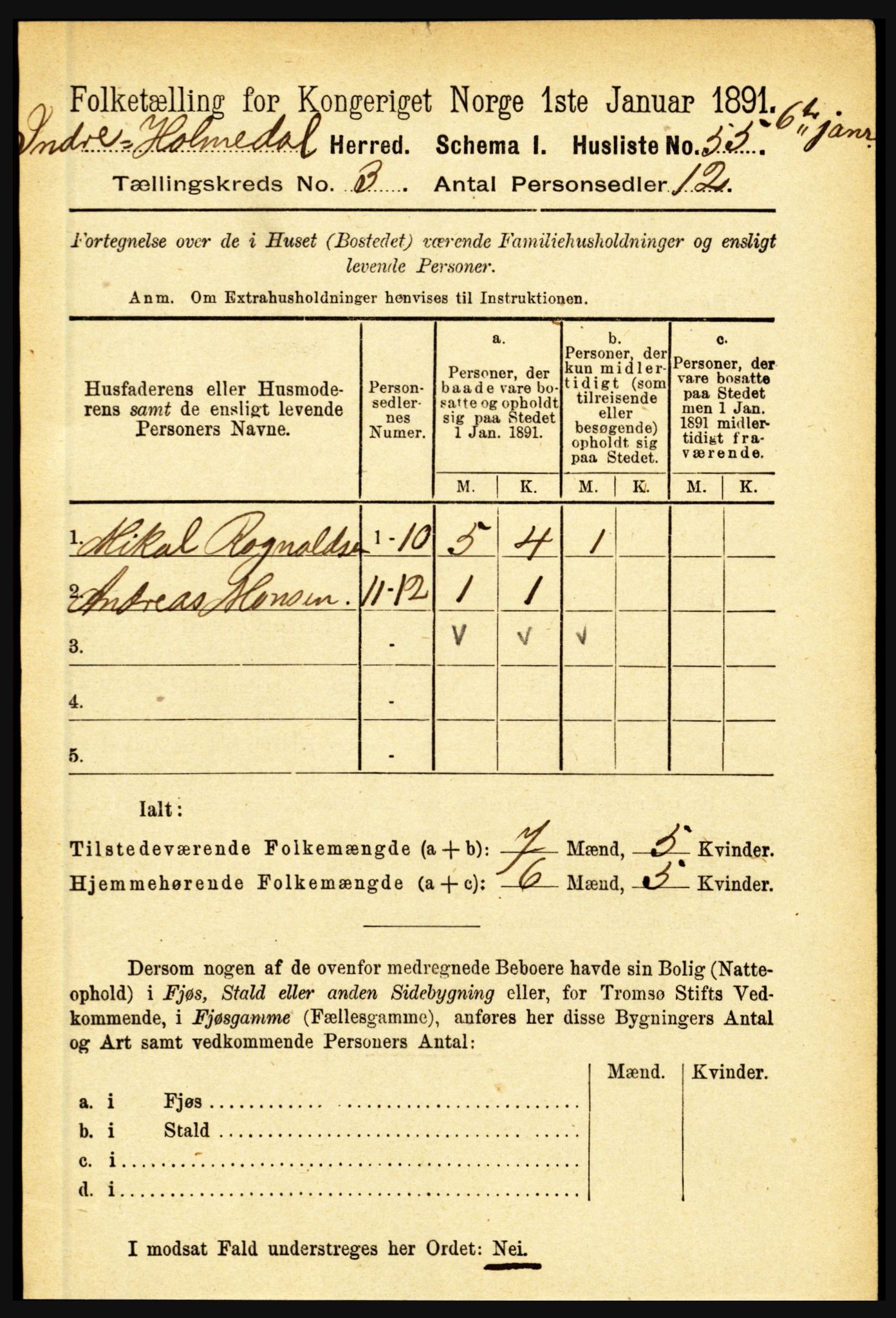 RA, 1891 census for 1430 Indre Holmedal, 1891, p. 892