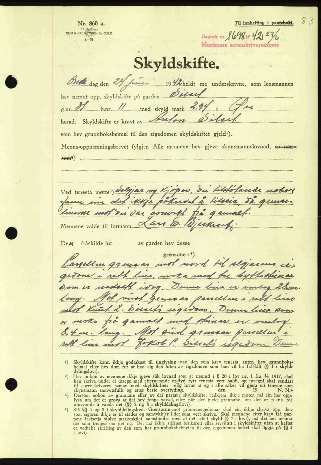 Nordmøre sorenskriveri, AV/SAT-A-4132/1/2/2Ca: Mortgage book no. A93, 1942-1942, Diary no: : 1698/1942