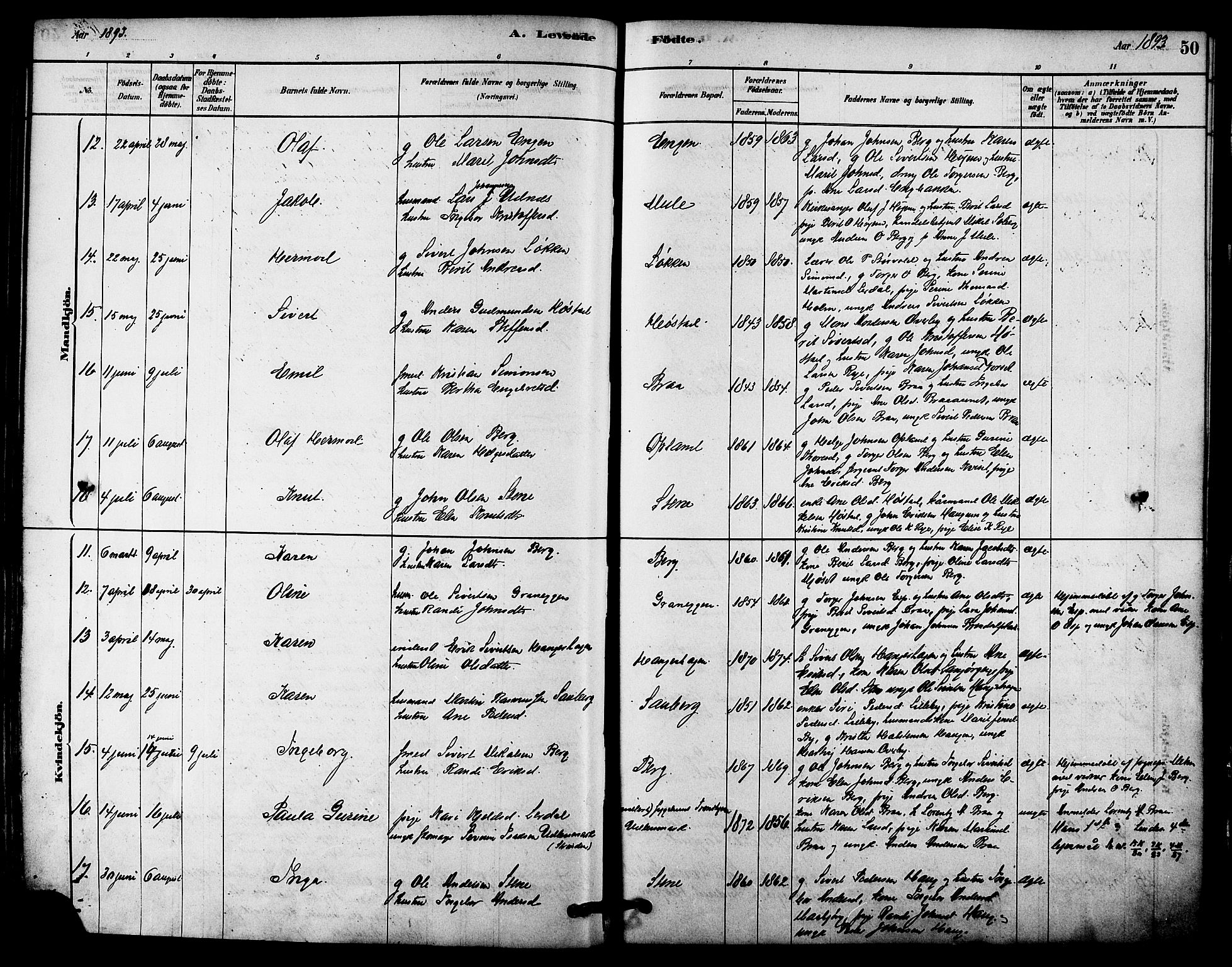 Ministerialprotokoller, klokkerbøker og fødselsregistre - Sør-Trøndelag, SAT/A-1456/612/L0378: Parish register (official) no. 612A10, 1878-1897, p. 50